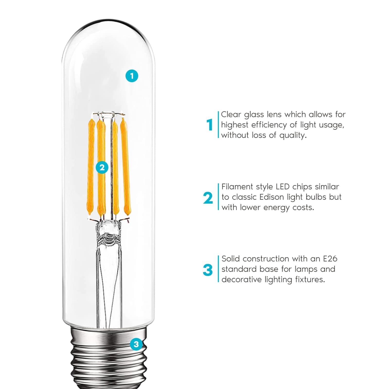 Luxrite 6-Pack T10 LED Bulb 5W=60W 3000K Soft White Edison Bulb 500 Lumens Tubular Light Bulb Damp Rated UL Listed E26