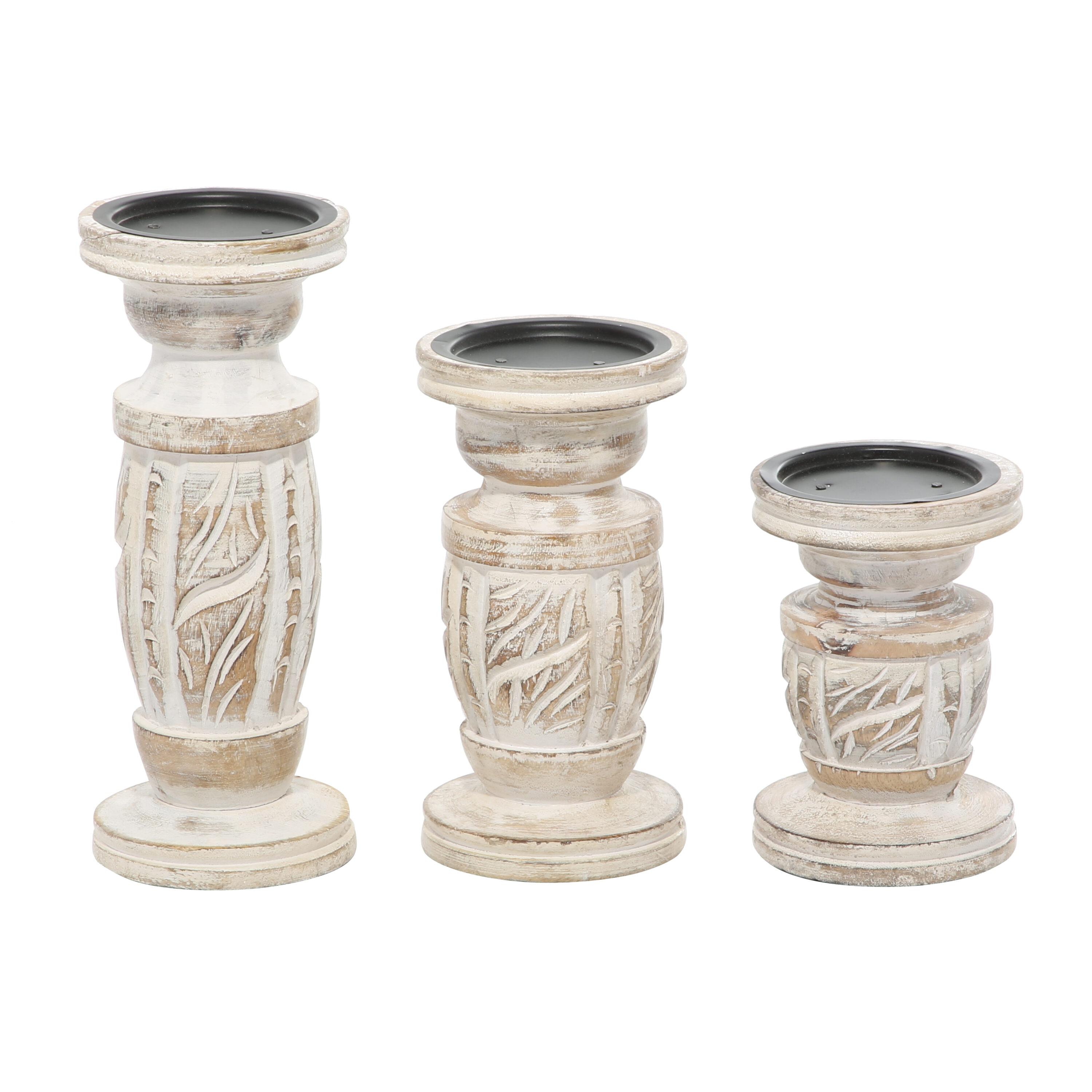 DecMode White Wash Wood Country Cottage Candle Holder Set of 3-Pieces, 6", 8",10"H