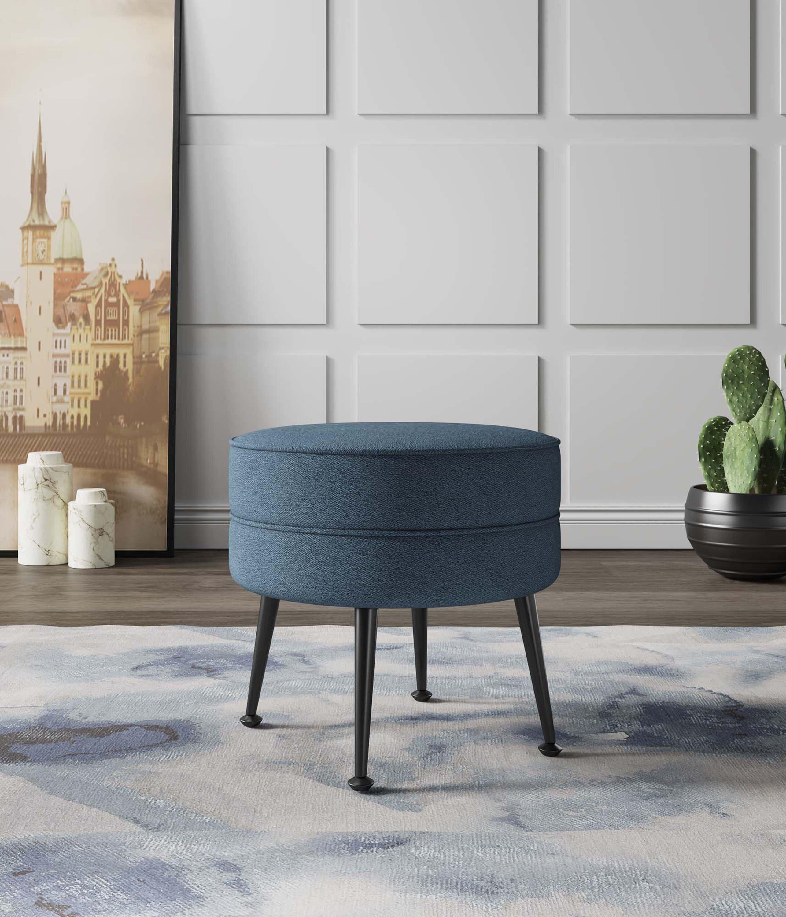 Manhattan Comfort Bailey Woven Polyester Blend Upholstered Ottoman: Mid-Century Modern, Round, Padded, Wood Frame