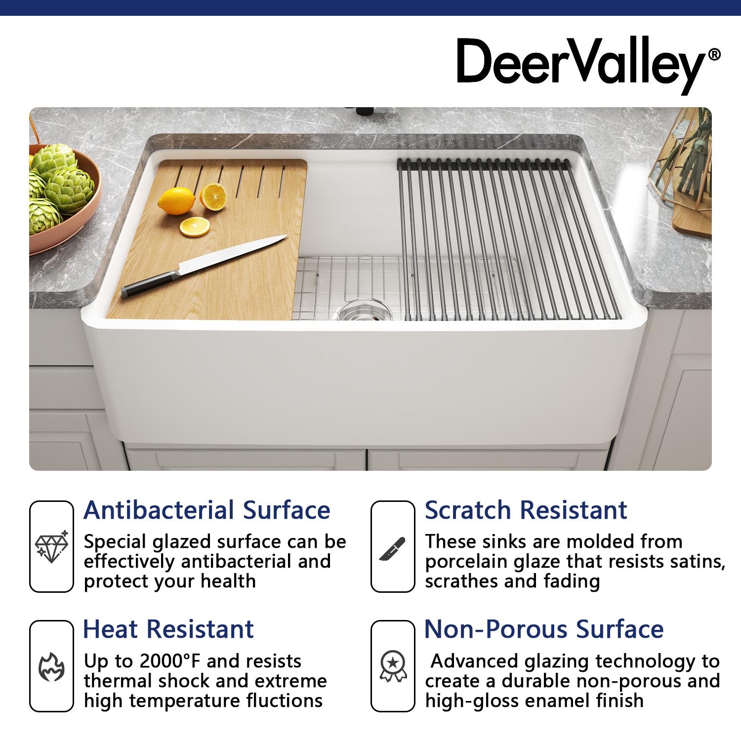 DeerValley 33" L X 20" W Single Basin Workstation Farmhouse Kitchen Sink With Sink Grid, Cutting Board And Dish-Drying Rack