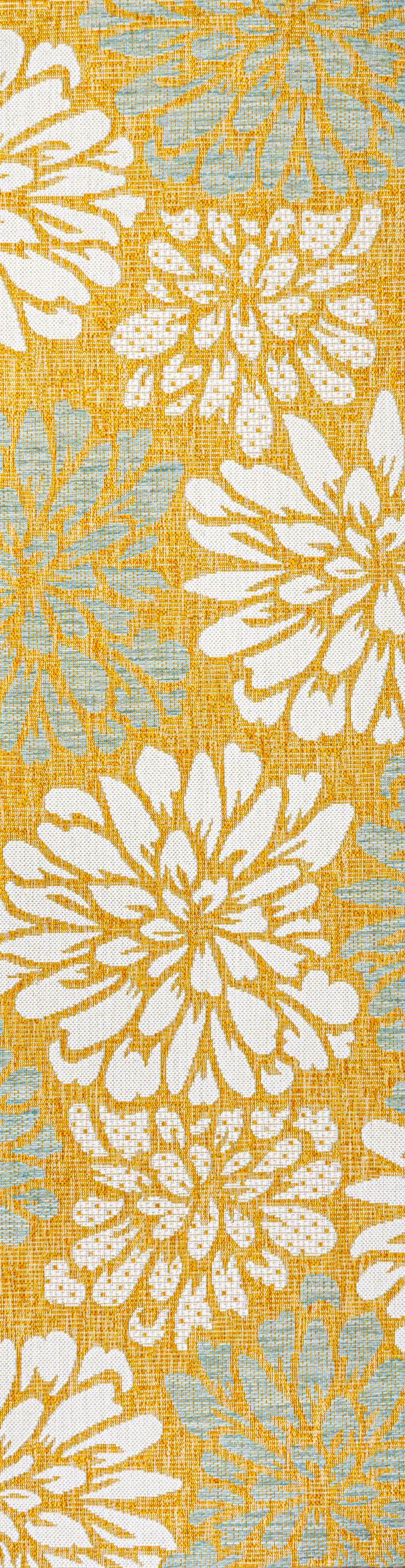 2' x 10' Zinnia Modern Floral Textured Weave Indoor/Outdoor Runner Rug, Yellow/Cream - JONATHAN Y
