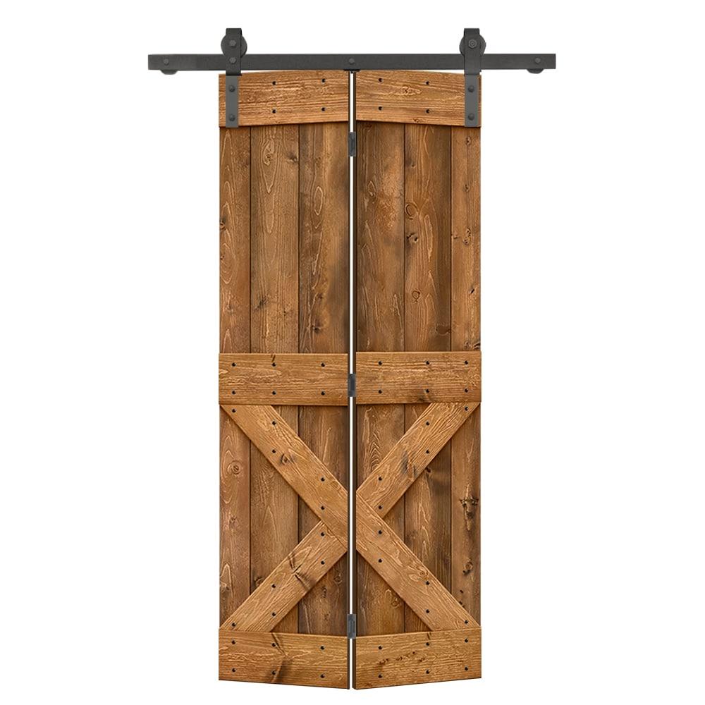 34 in. x 84 in. Mini X Series Walnut Stained DIY Wood Bi-Fold Barn Door with Sliding Hardware Kit
