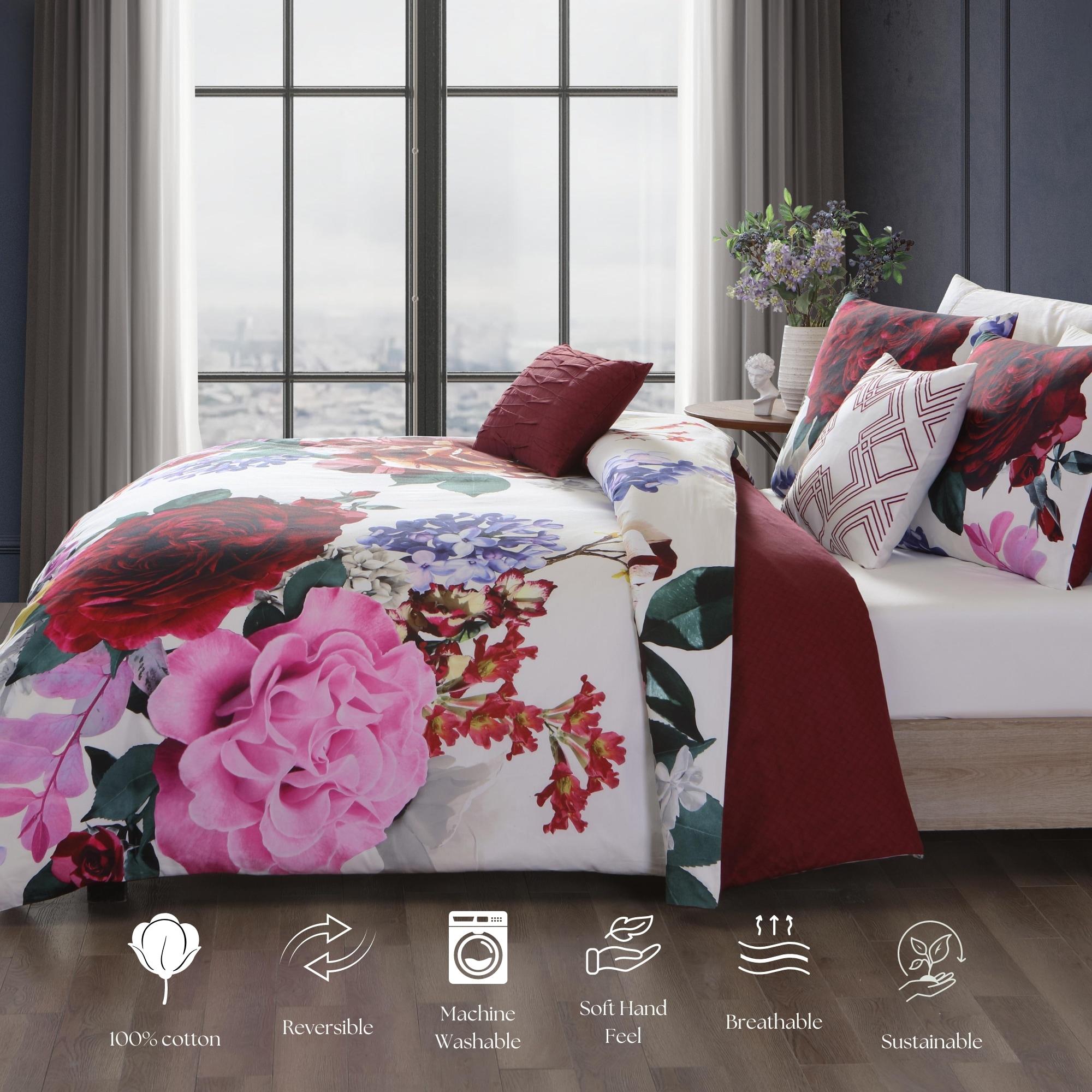 BeBeJan Bebejan Magenta Floral 100% Cotton Sateen 5 Piece Reversible Comforter Set