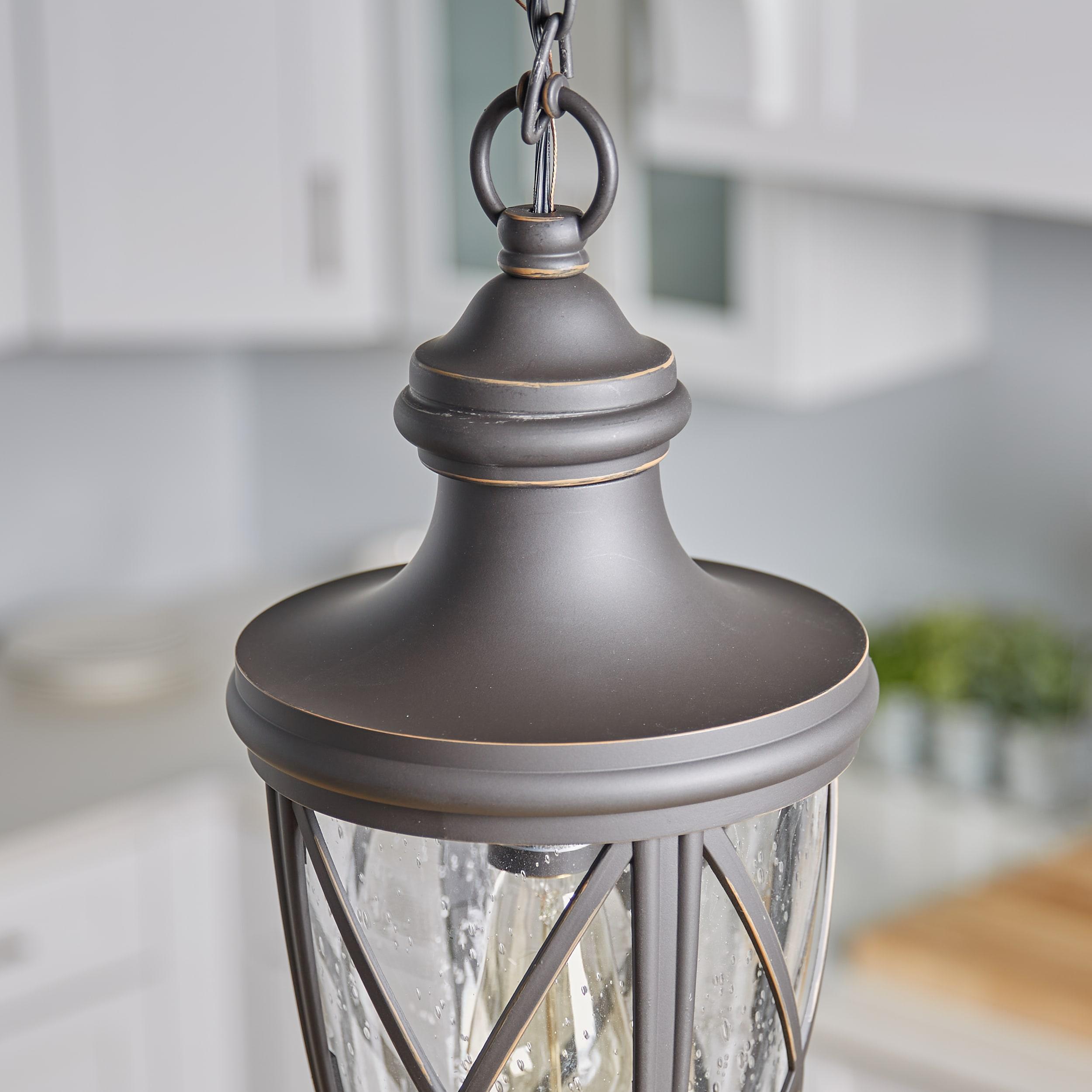 allen + roth Castine Bronze Craftsman Seeded Glass Lantern Led Medium Outdoor Hanging Pendant Light