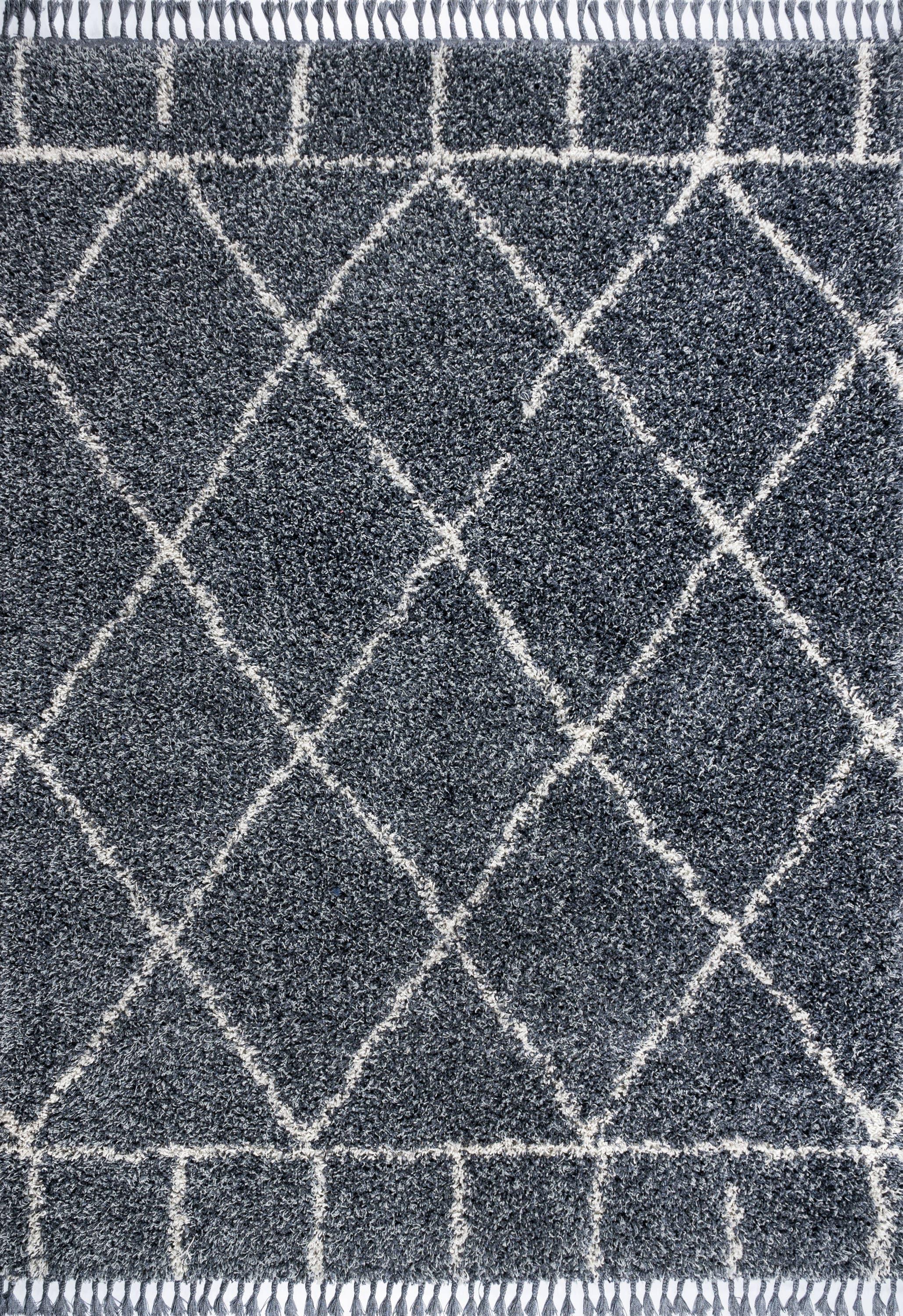 4'x6' Mercer Shag Plush Tassel Moroccan Geometric Trellis Area Rug, Denim/Cream - JONATHAN Y