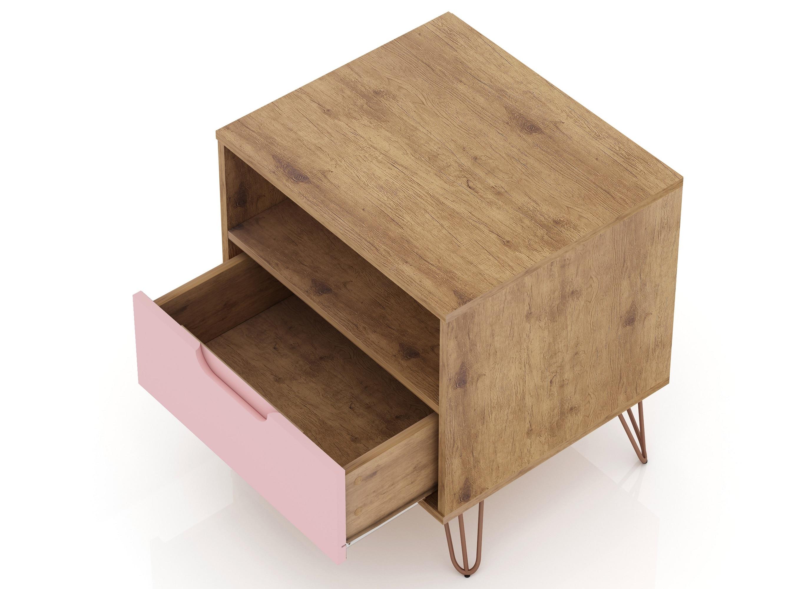 Set of 2 Rockefeller 1 Drawer Nightstands Nature/Rose Pink - Manhattan Comfort: Mid-century Design, Metal Legs, MDF