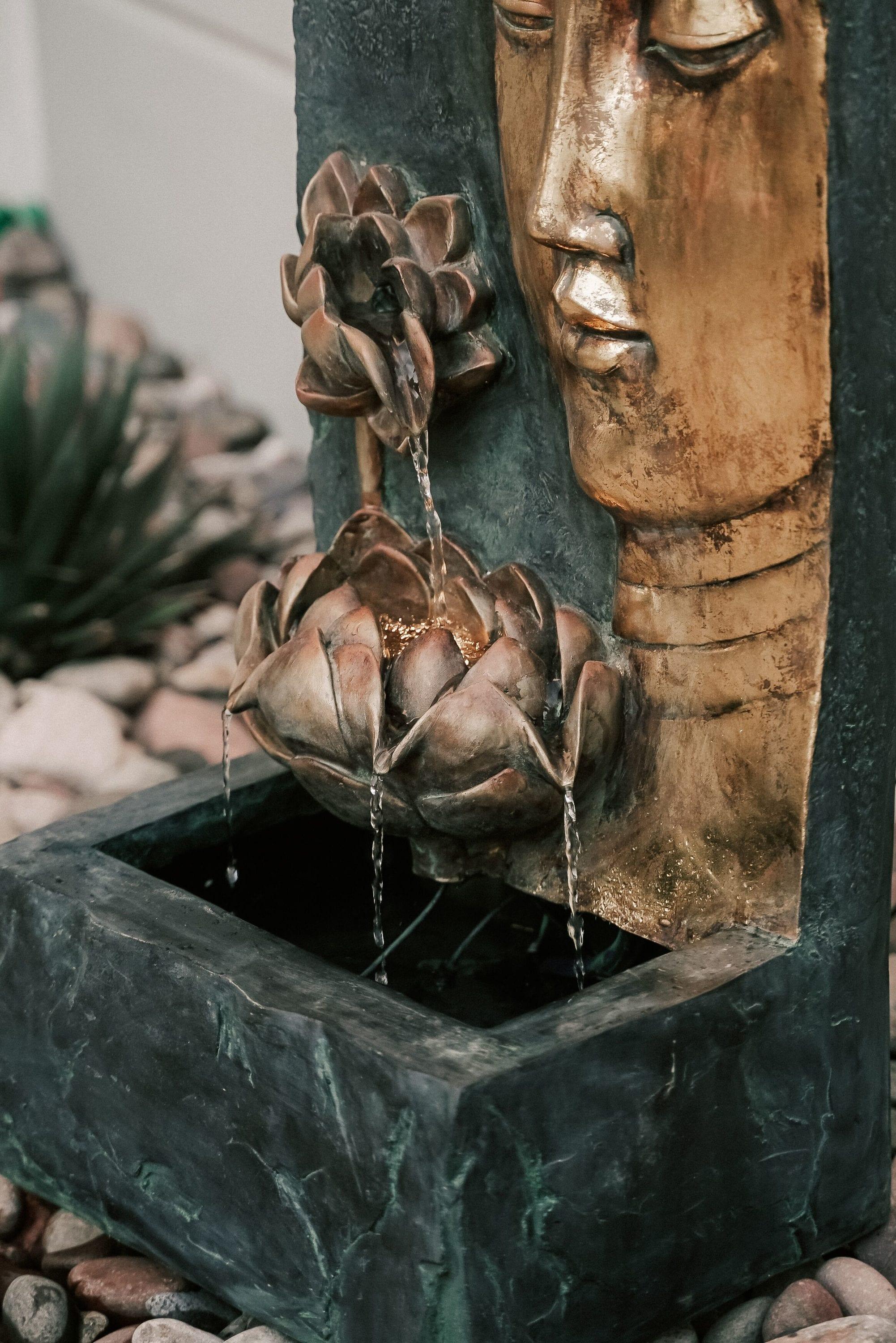 XBrand 30" H Zen Buddha Face Water Fountain w/ LED light & Pump, Indoor/Outdoor Freestanding, Relaxing Zen Décor, Bronze and Natural Grey Polyresin Fountain for Home Patio Garden Backyard