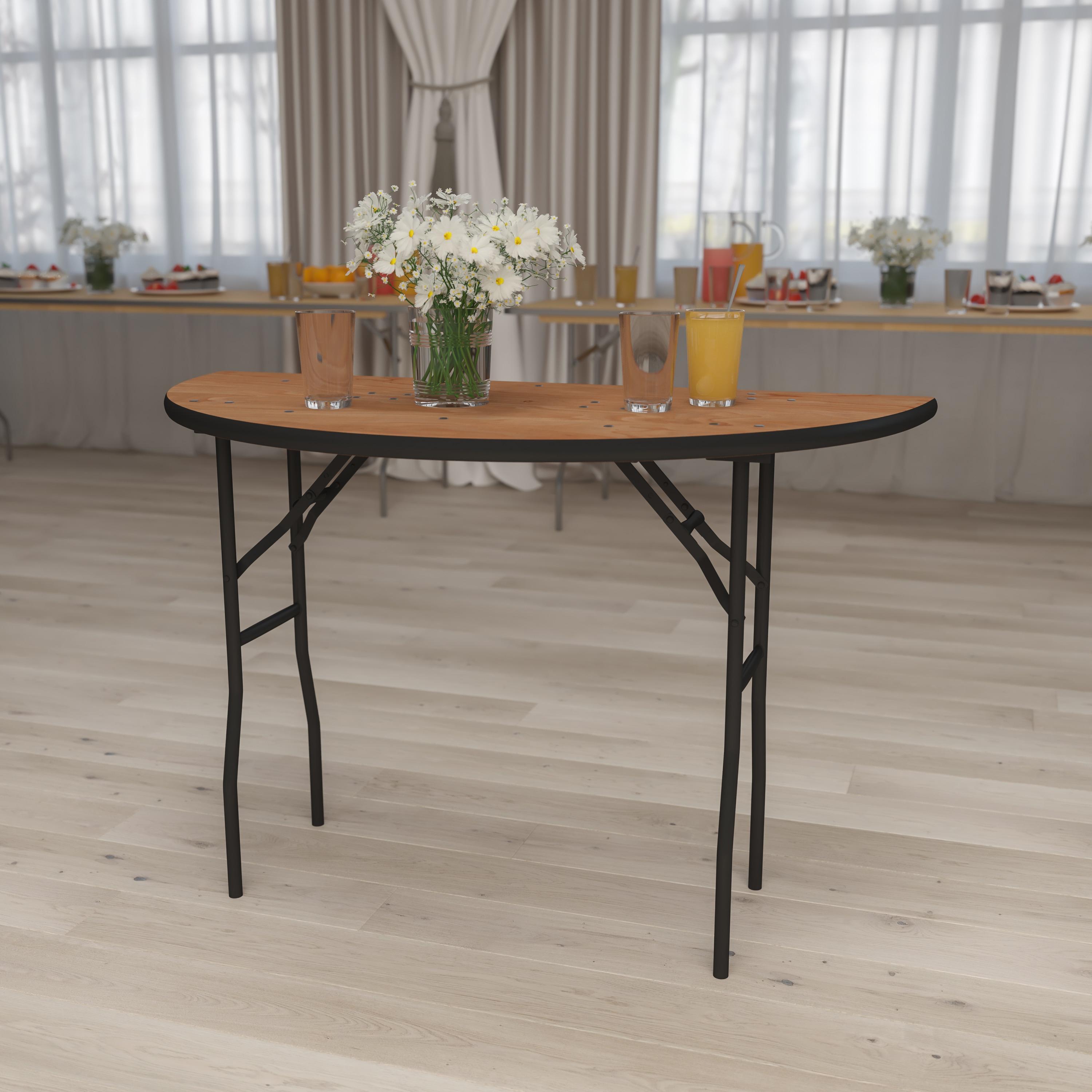 48" Half-Round Black Metal and Wood Folding Table