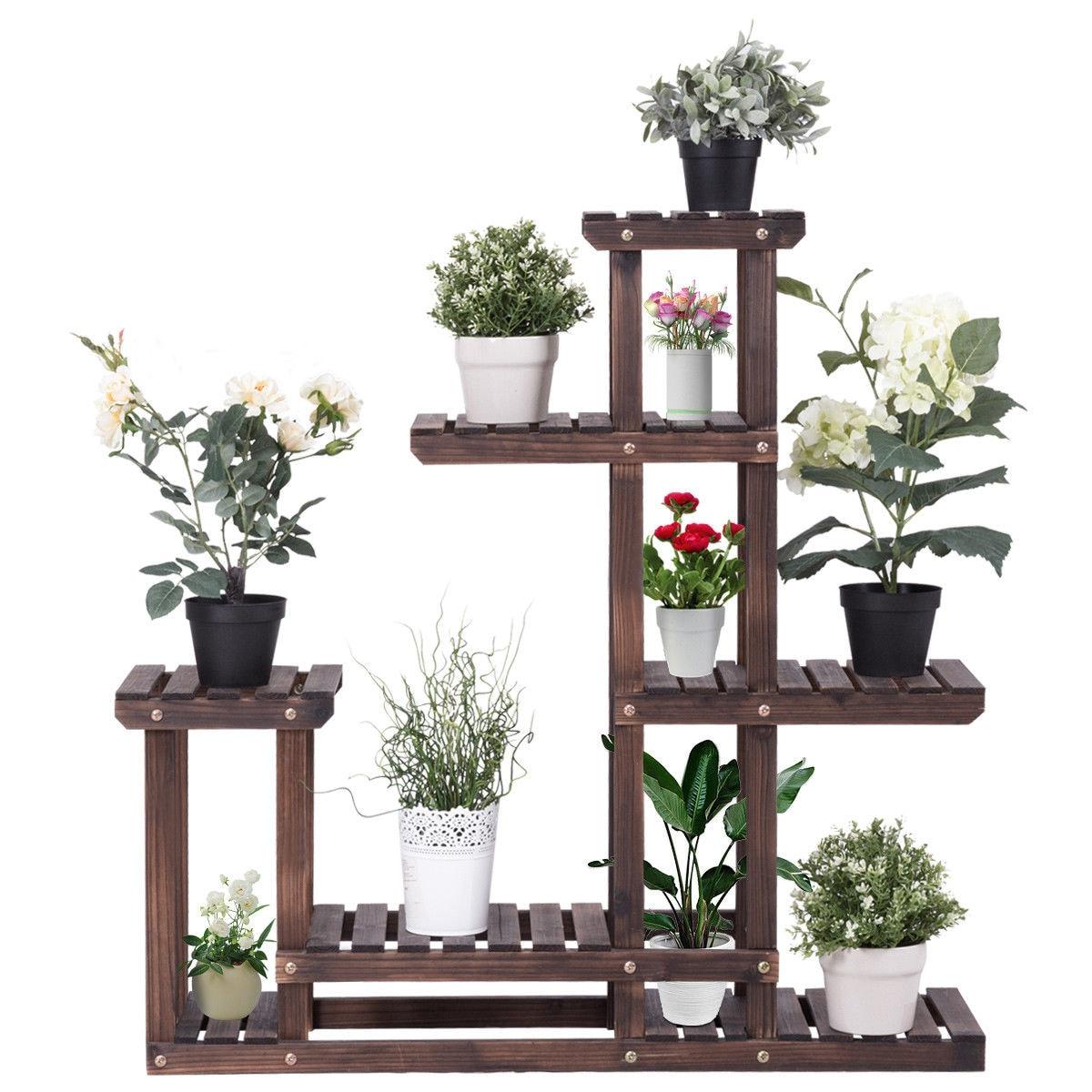 Dark Brown Multi-Tier Wooden Corner Plant Stand