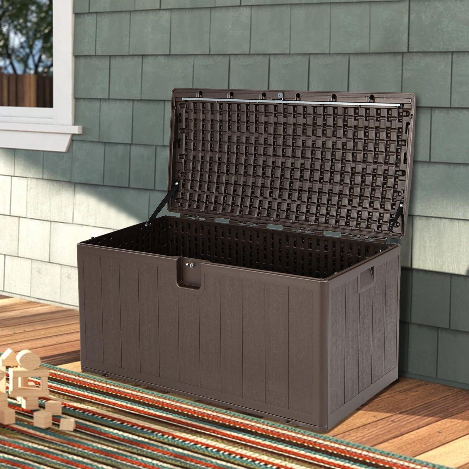 Plastic Development Group 105-Gallon Weather-Resistant Plastic Resin Outdoor Patio Storage Deck Box with Soft-Close Lid, Java Brown