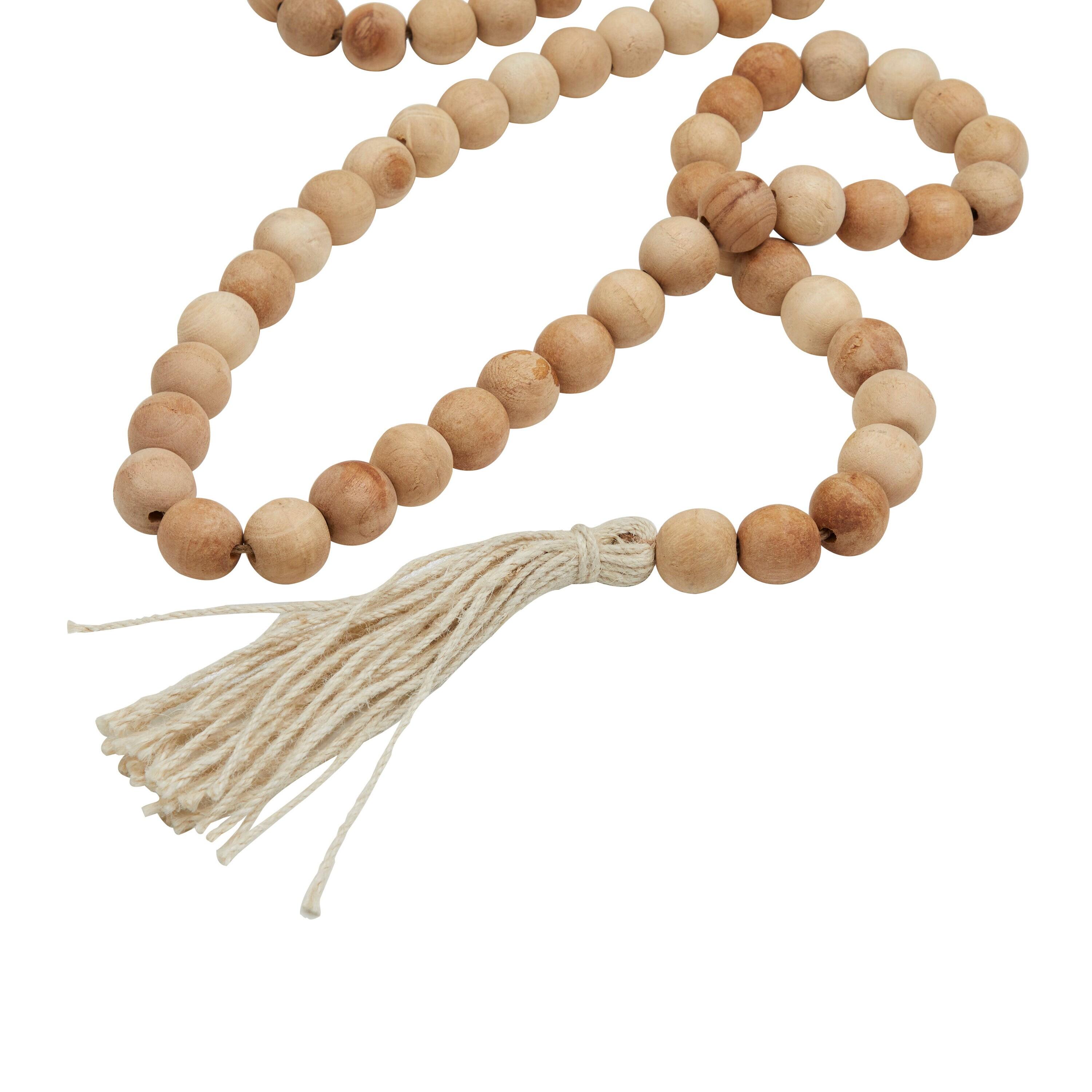DecMode Light Brown Wood Bohemian Garland Décor with Geometric Bead Details and Cream Cotton Tassel, 87"L