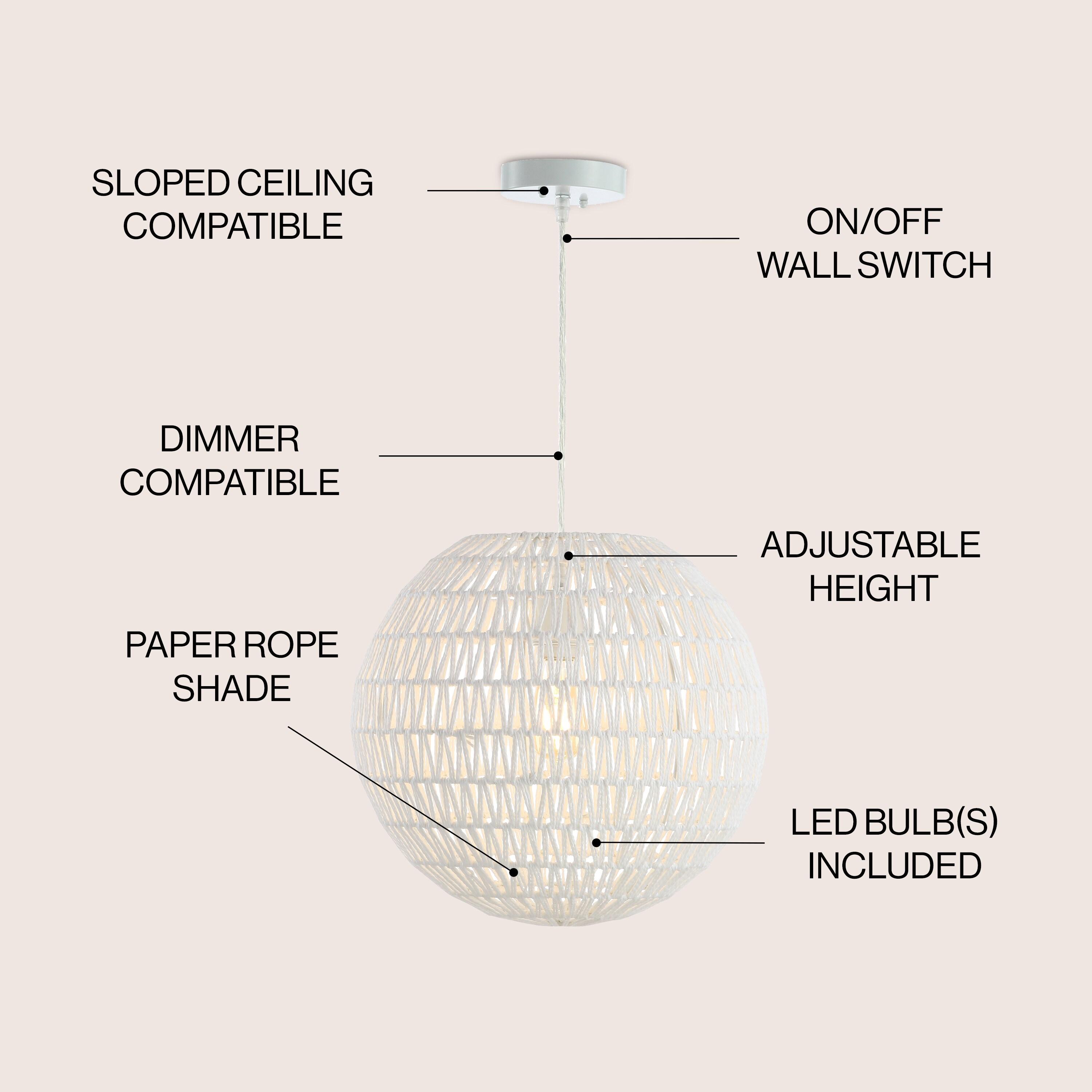 Luna 15.75" 1-Light Bohemian Modern Woven Rattan/Iron LED Pendant, White