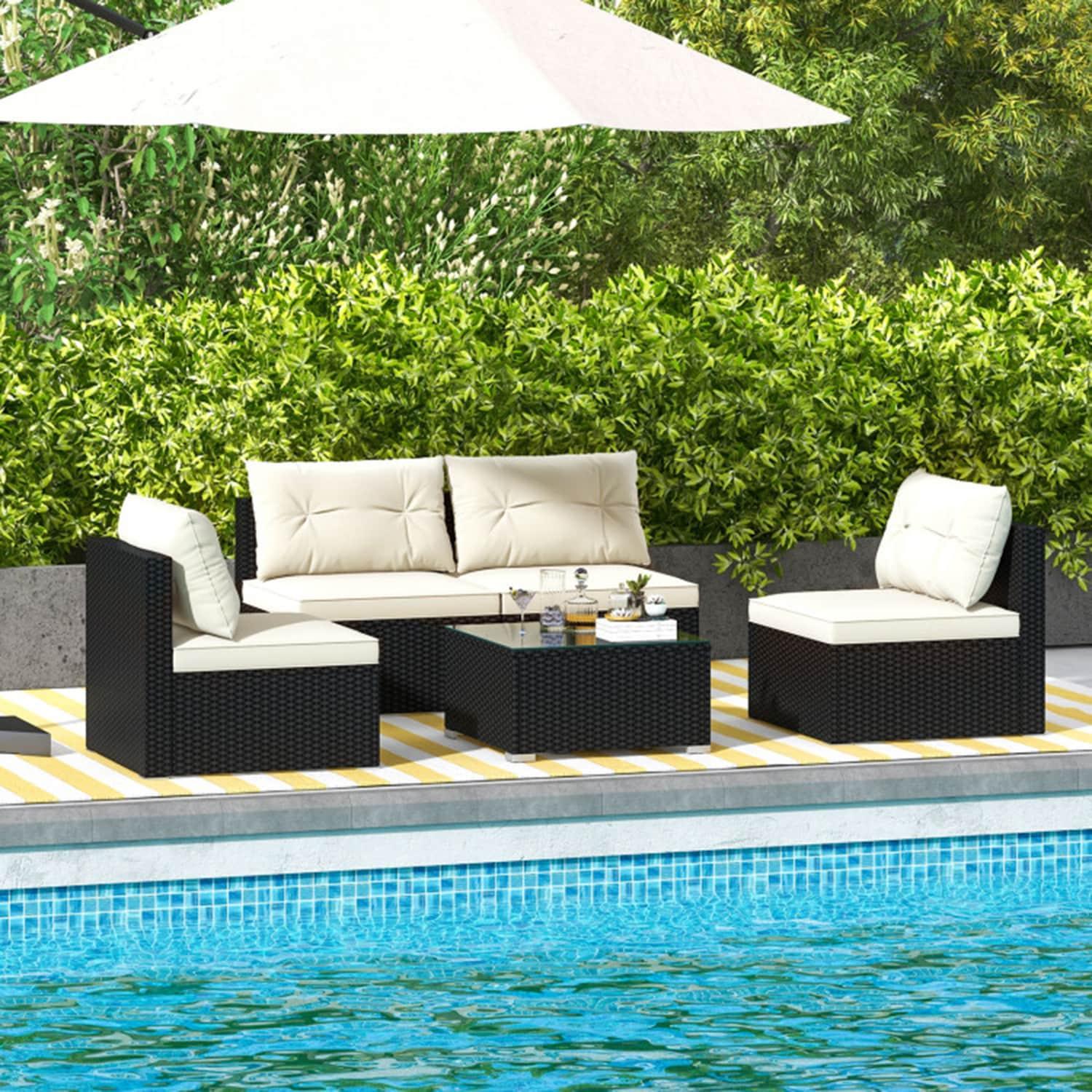 Topcobe 7 Pieces Patio Rattan Furniture Set with Sectional Sofa Cushions, Outdoor Patio Furniture-Beige