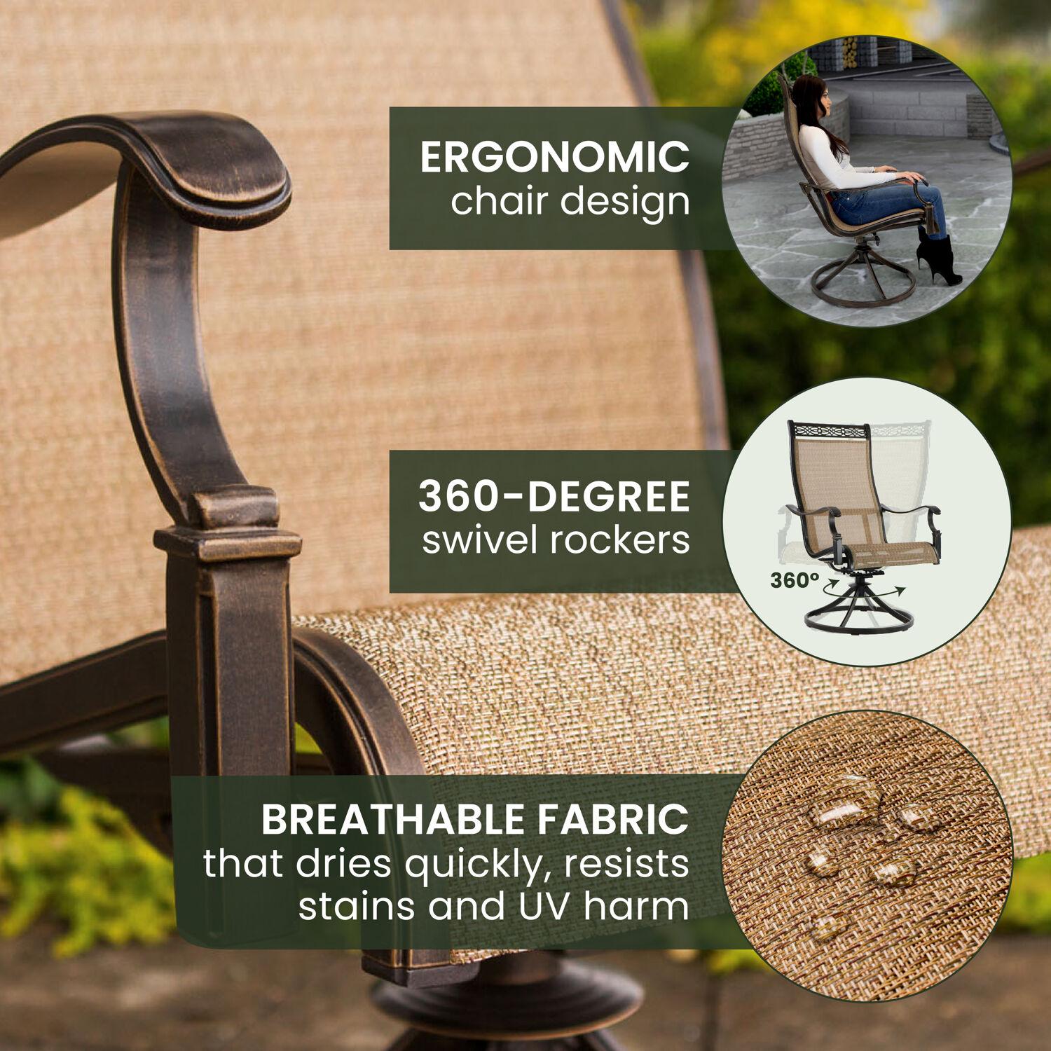 Hanover Monaco 7-Piece Outdoor Patio Dining Set with 4 PVC Sling Dining Chairs, 2 Swivel Rockers, and 40" x 68" Porcelain Tile Rectangular Dining Table | MONACO7PCSW