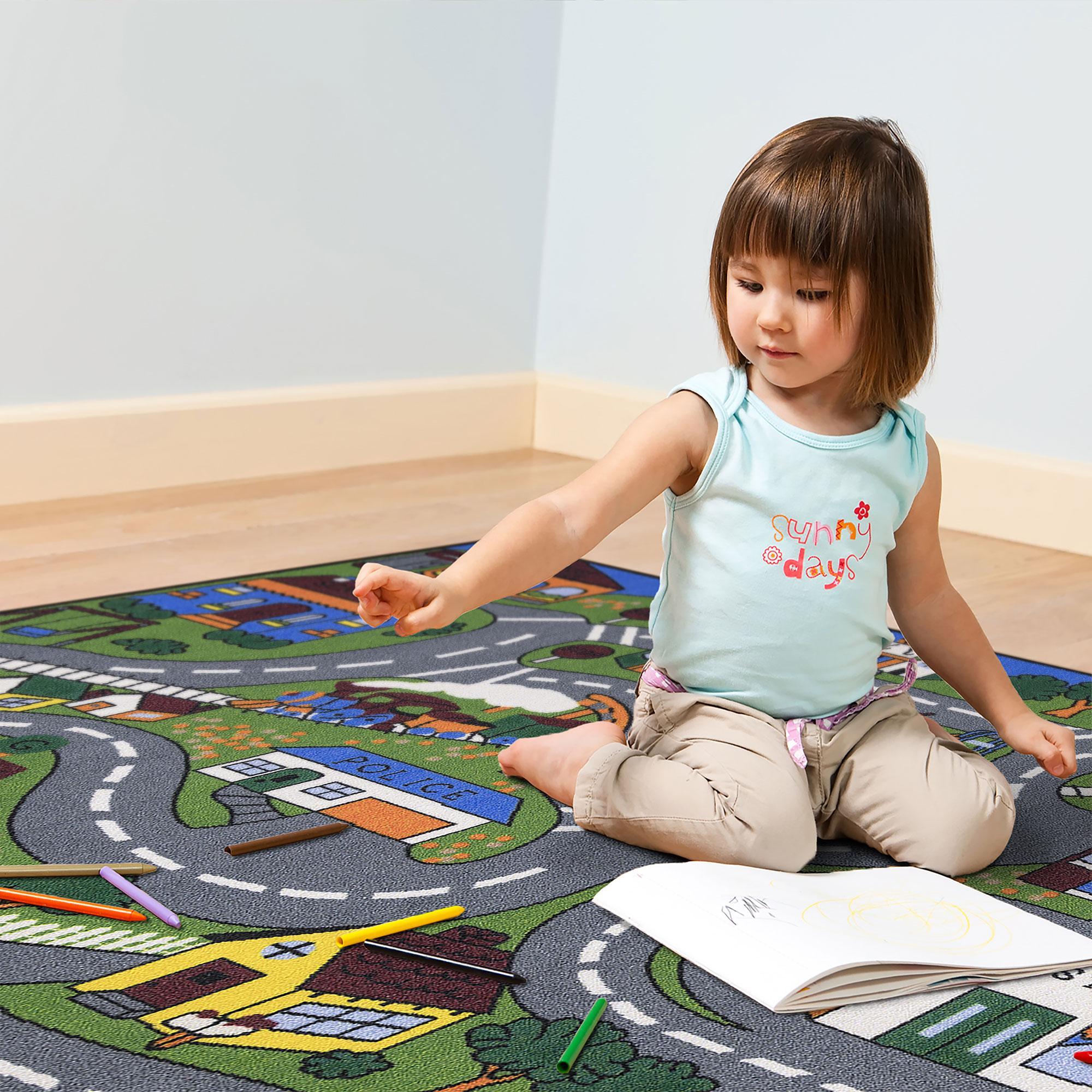 Ottomanson Children Car Road Map 5x7 Washable Non-Slip Area Rug for Kids Playroom, 5' x 6'6", Green/Multicolor