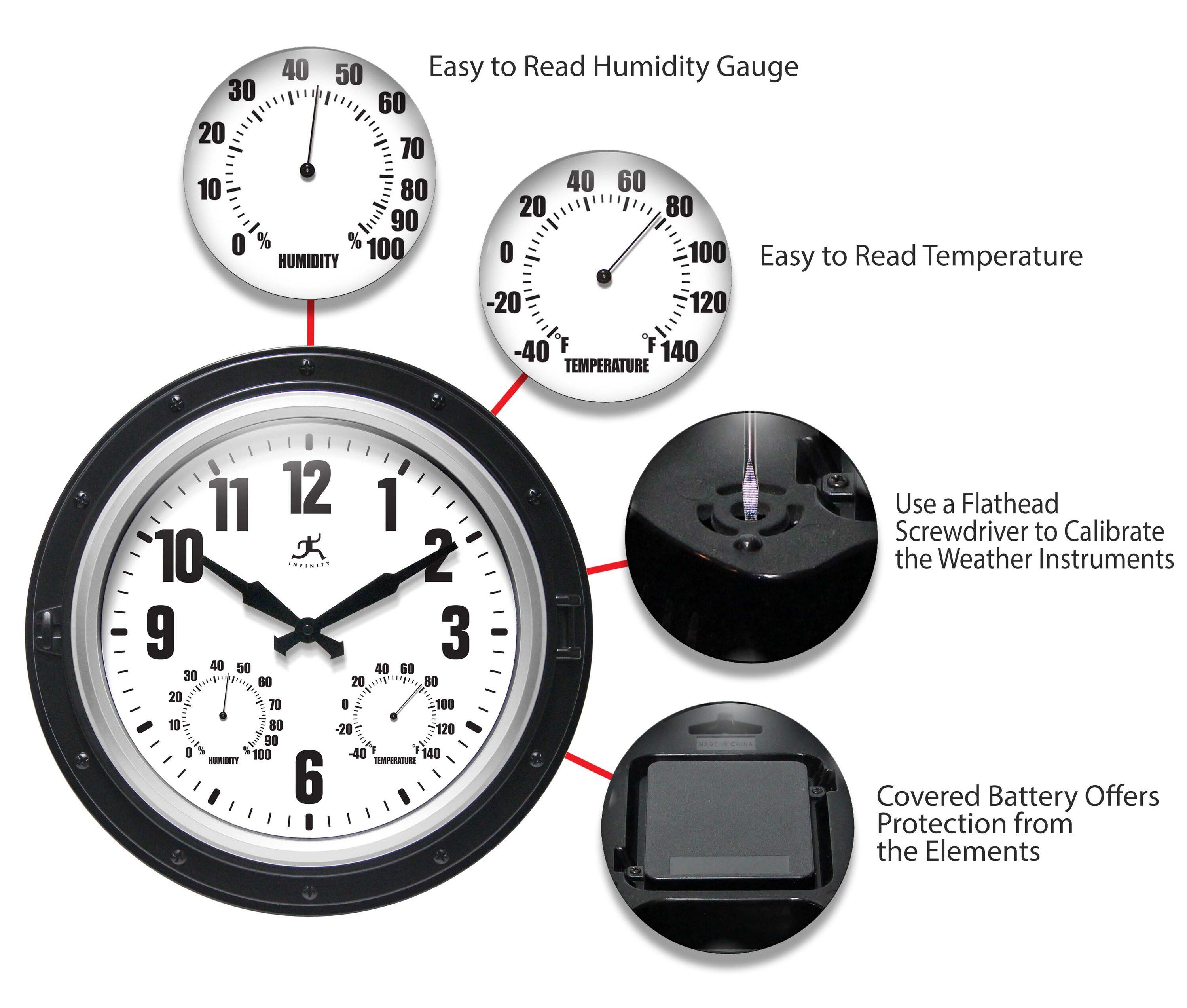 16" Forecaster Wall Clock Silver - Infinity Instruments: Modern Analog, Outdoor Use, Thermometer Feature