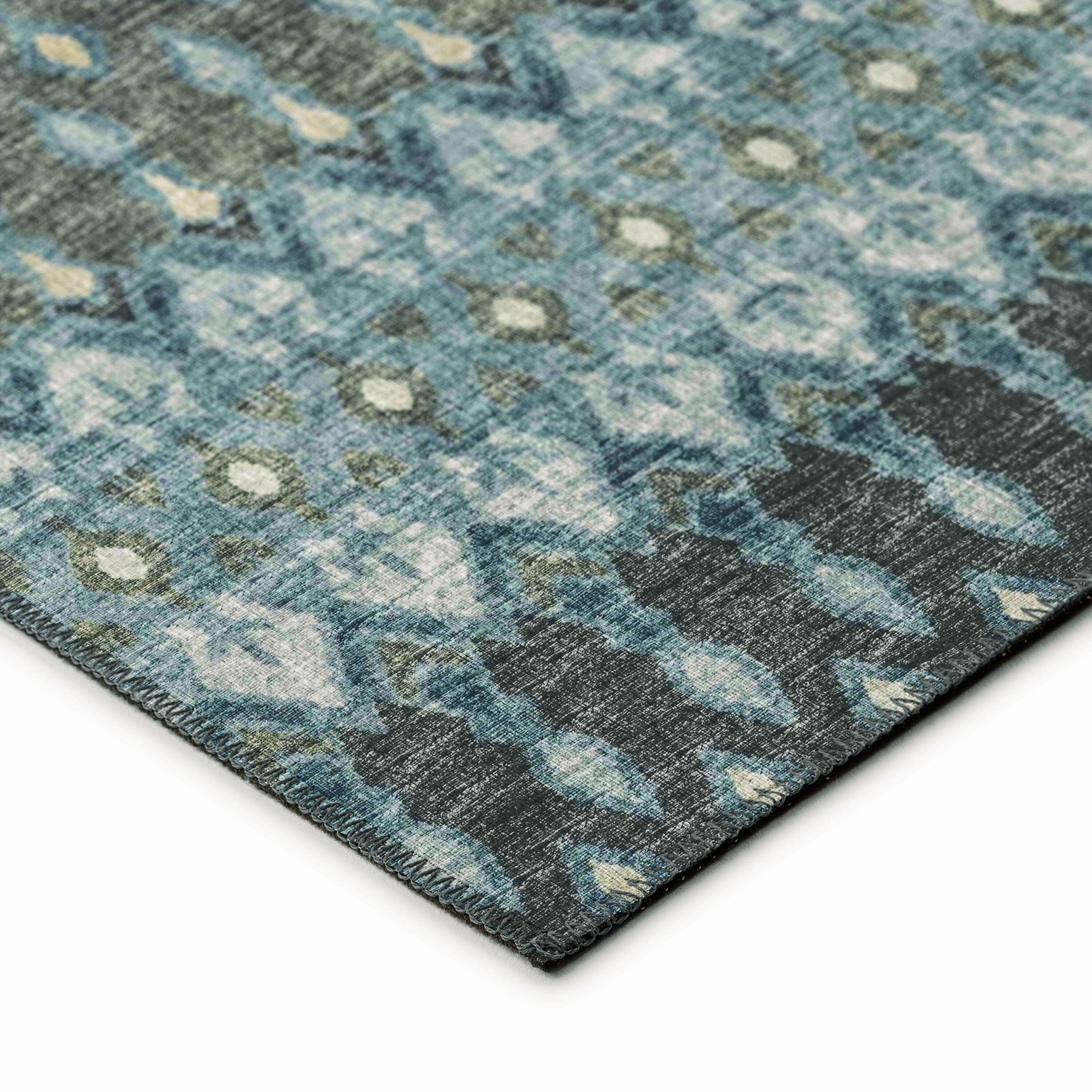 Moody Blue Chenille Geometric Washable Area Rug 3' x 5'