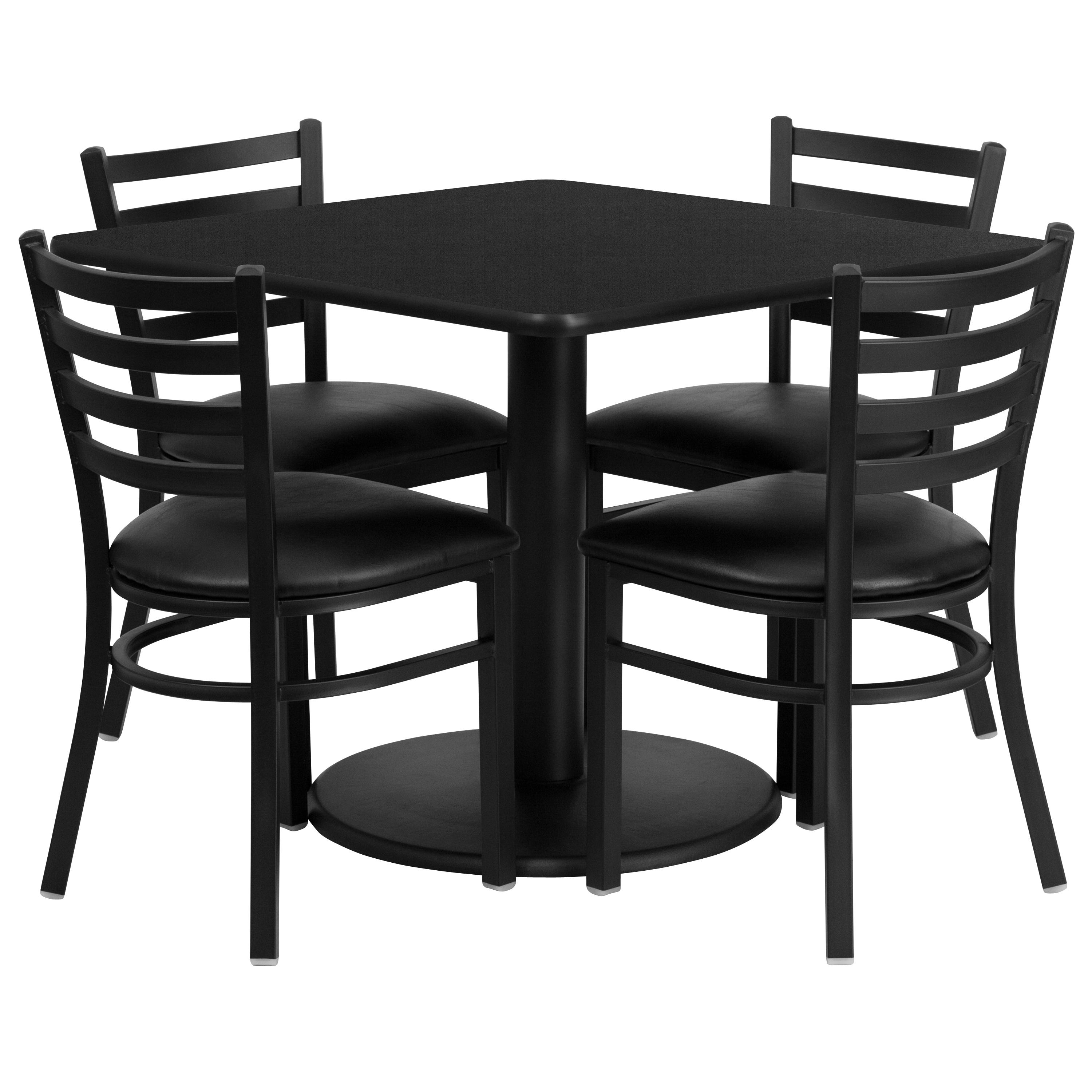 BizChair 36'' Square Black Laminate Table Set with Round Base and 4 Ladder Back Metal Chairs - Black Vinyl Seat