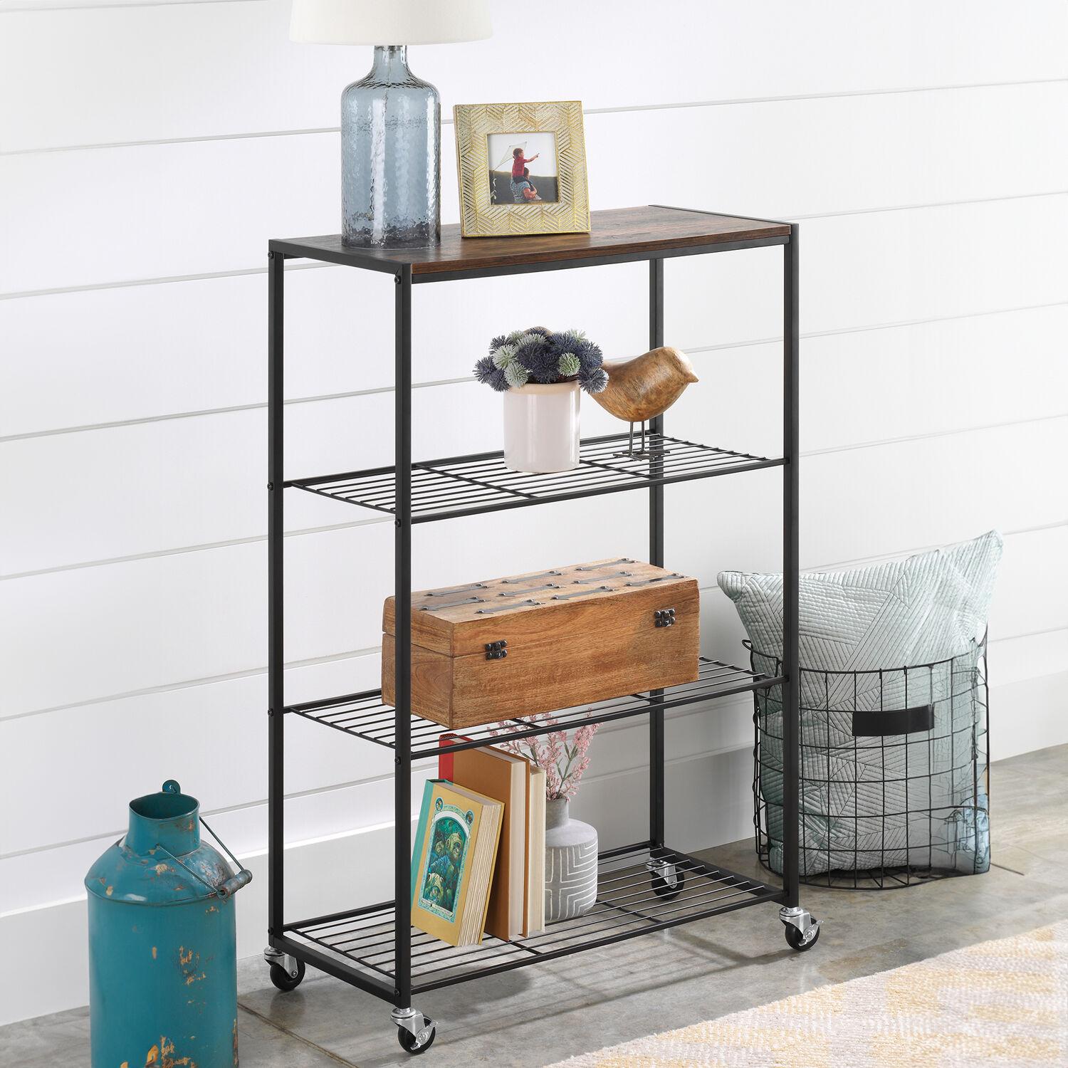 Whitmor Modern Industrial 4-Shelf Metal and Wooden Freestanding Shelves, Black
