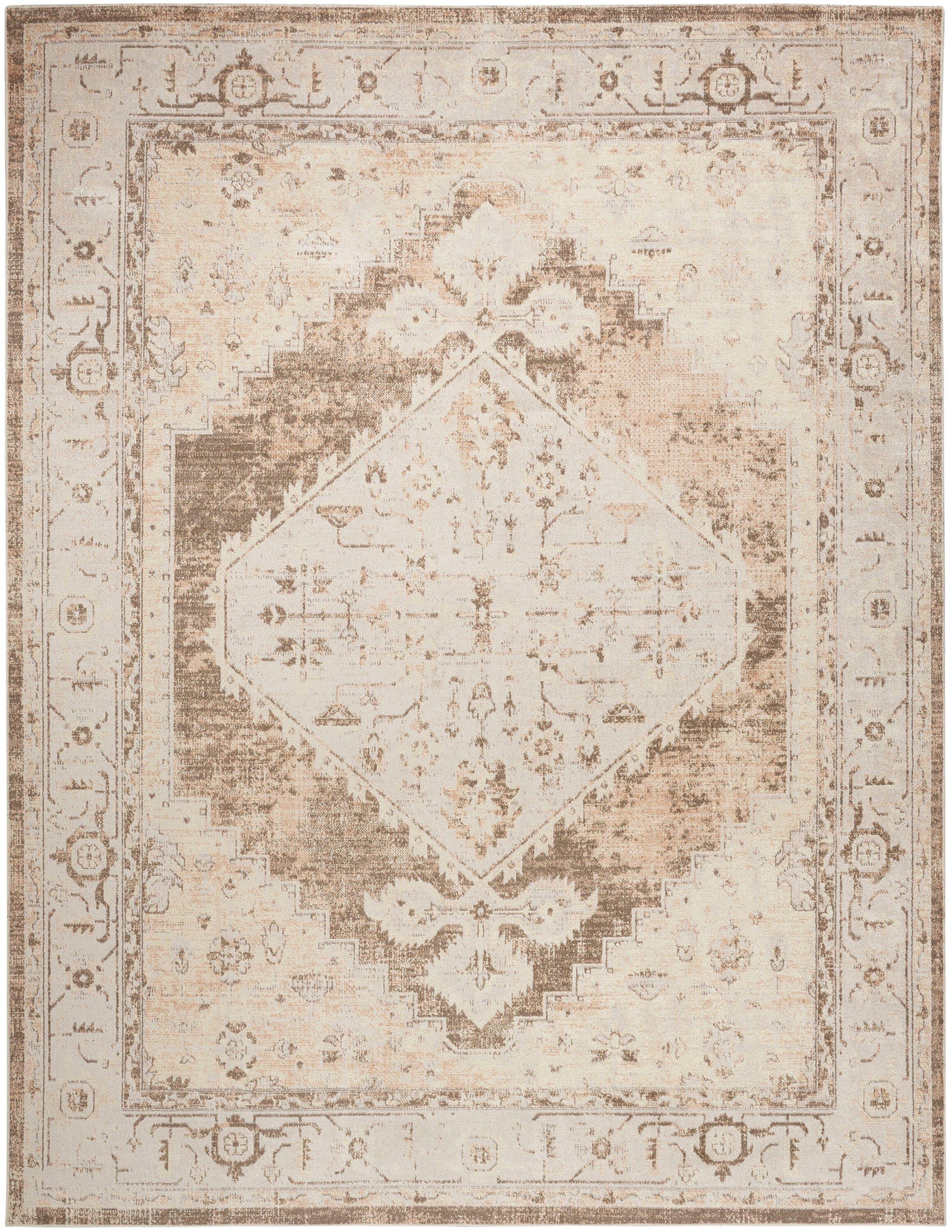 Haydel Oriental Machine Washable Power Loom Polyester Area Rug in Beige