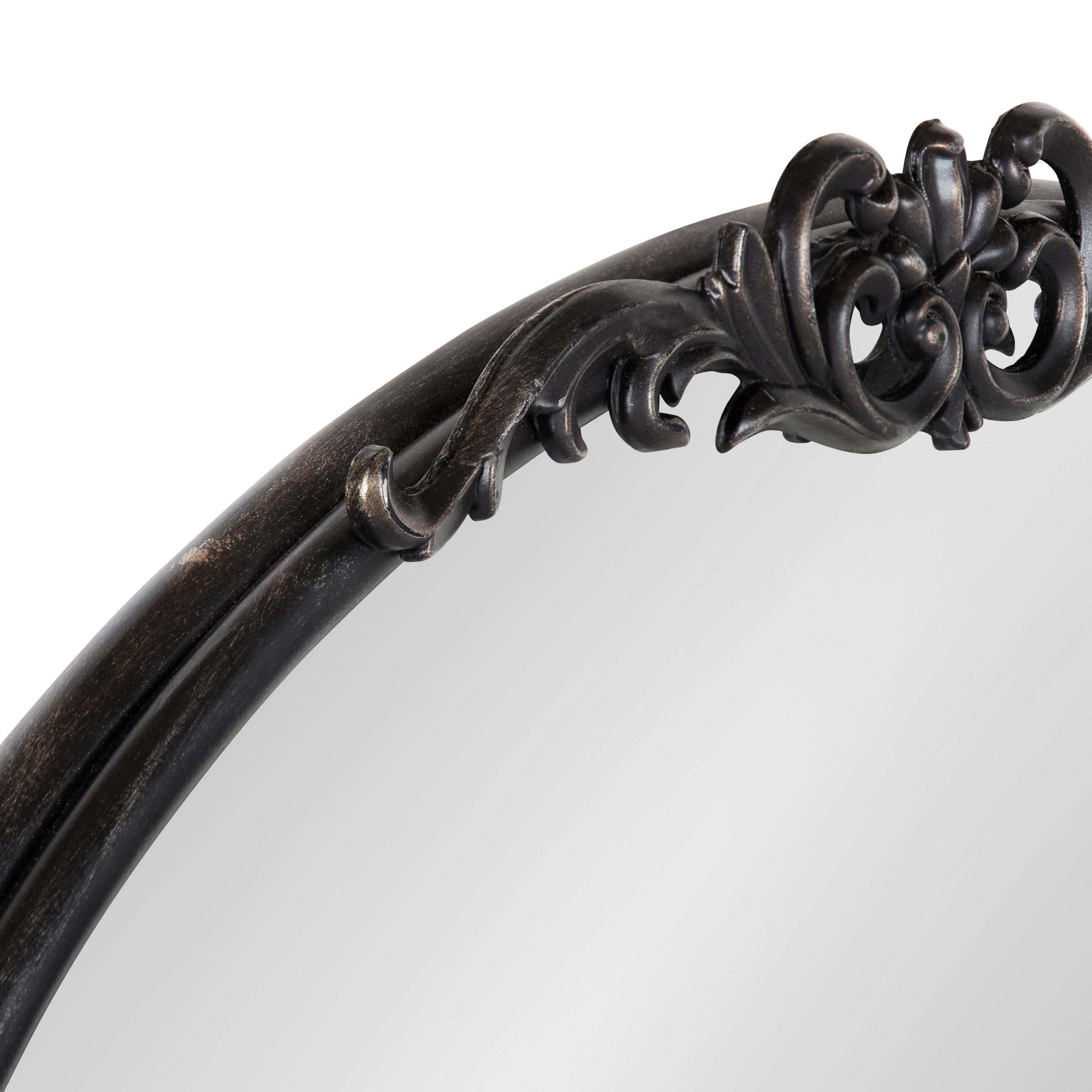 Black Oval Wood Wall Mirror with Intricate Overlay
