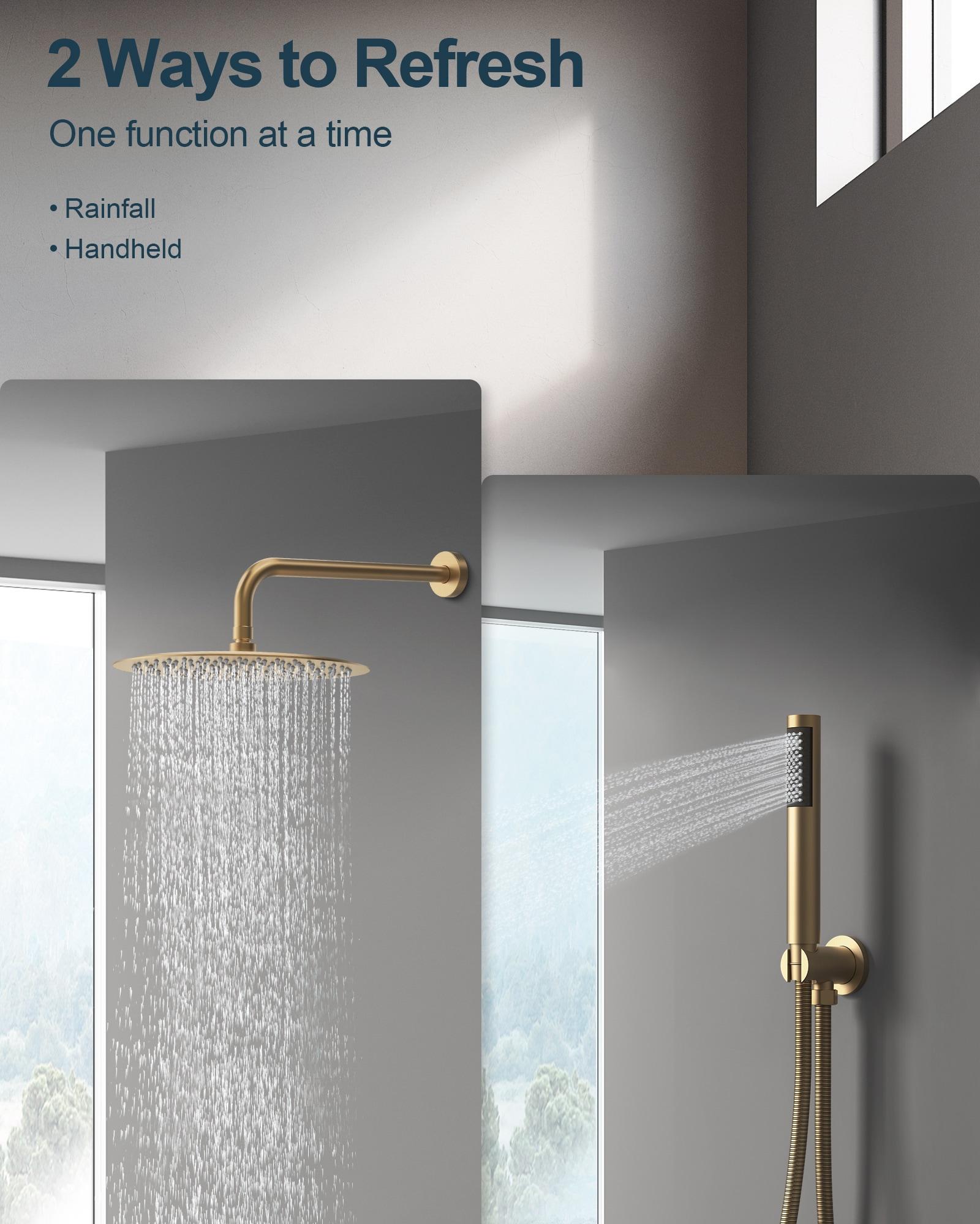 GRANDJOY Complete Shower System, 10" and 6" Dual Wall Mount Rain Shower Faucets with Handheld Shower Spray, High Pressure in Brushed Gold