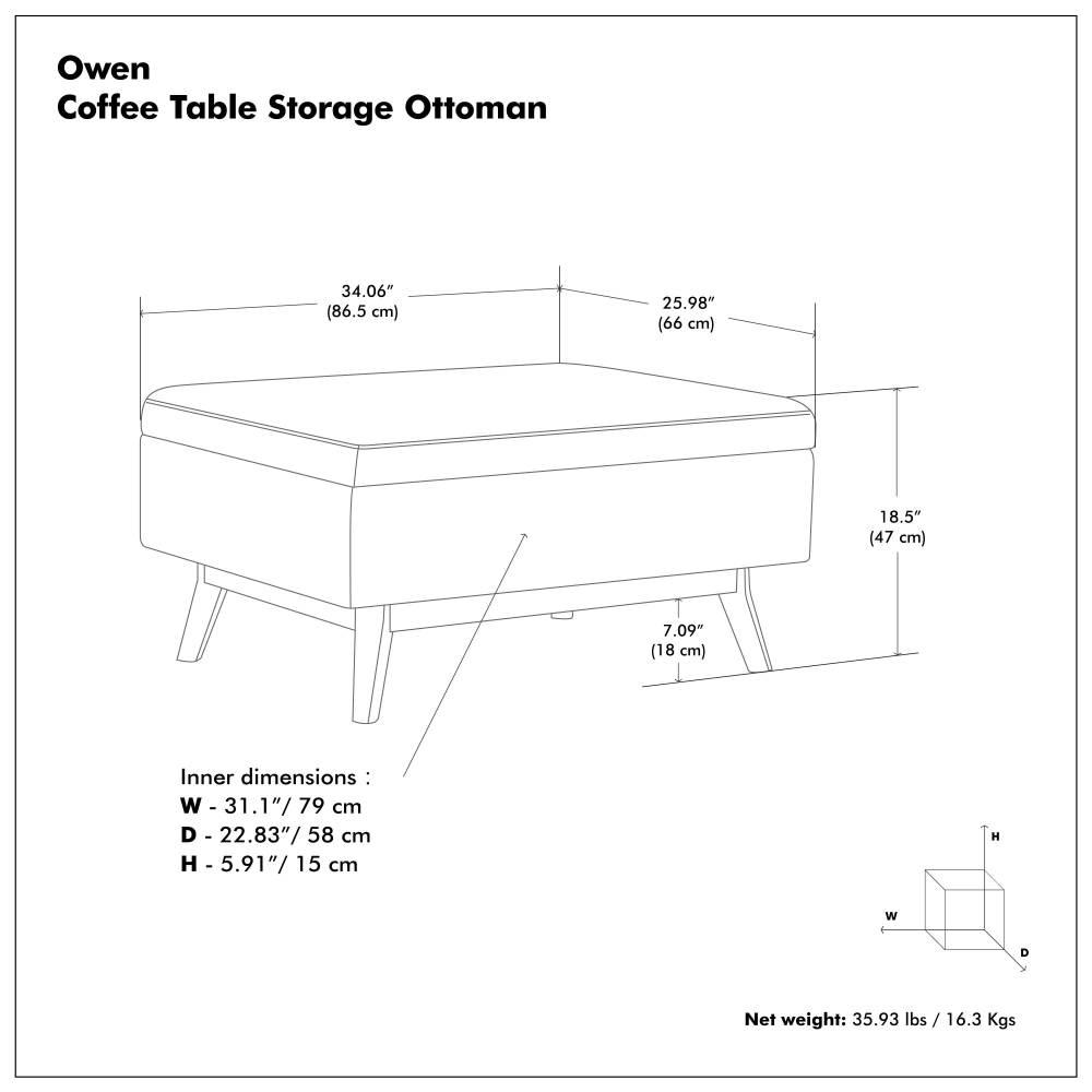 Simpli Home Owen 34"W Upholstered Coffee Table Storage Ottoman with Lift Top and Solid Wood Legs