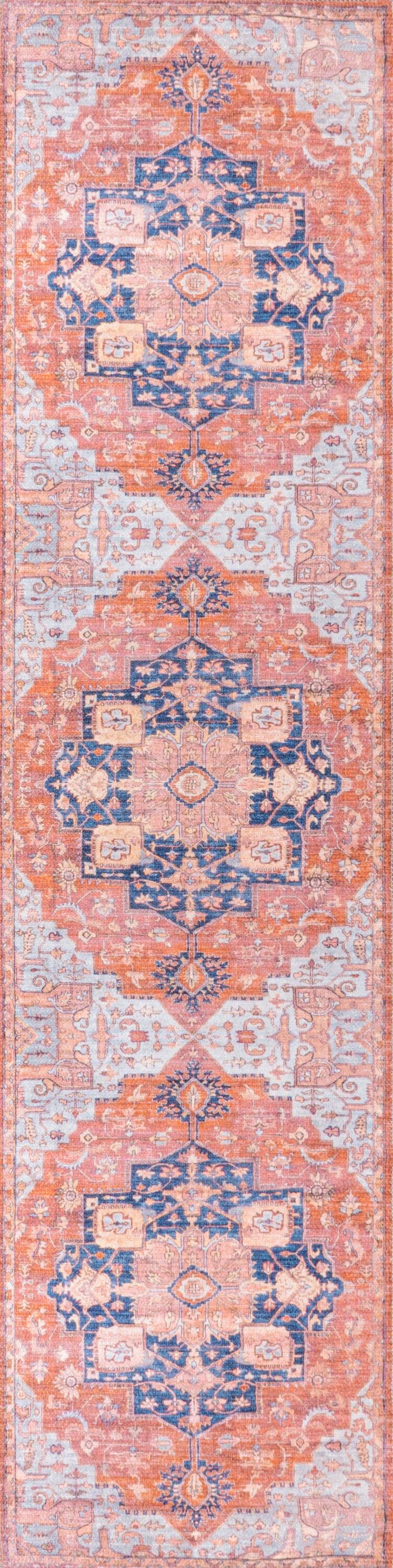 2' x 8' Maris Ornate Medallion Machine Washable Indoor/Outdoor Runner Rug, Orange/Cream - JONATHAN Y