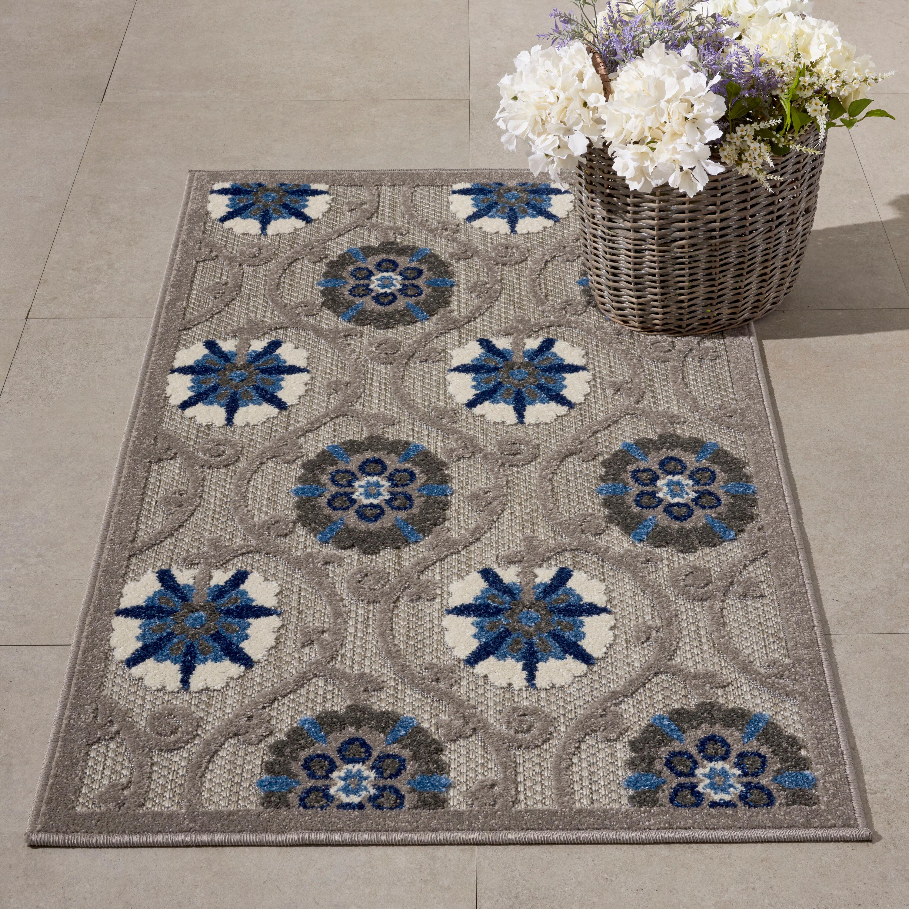 Nourison Aloha Contemporary Floral Flatweave High-Low Indoor Outdoor Area Rug Grey/Blue 2'8" x 4'