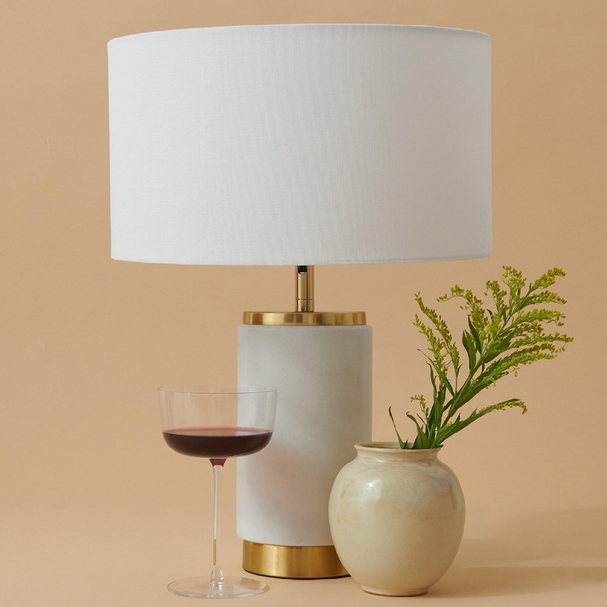 Brightech Arden 17 in. Mid-Century Modern LED Table Lamp with Fabric Drum Shade and USB Port