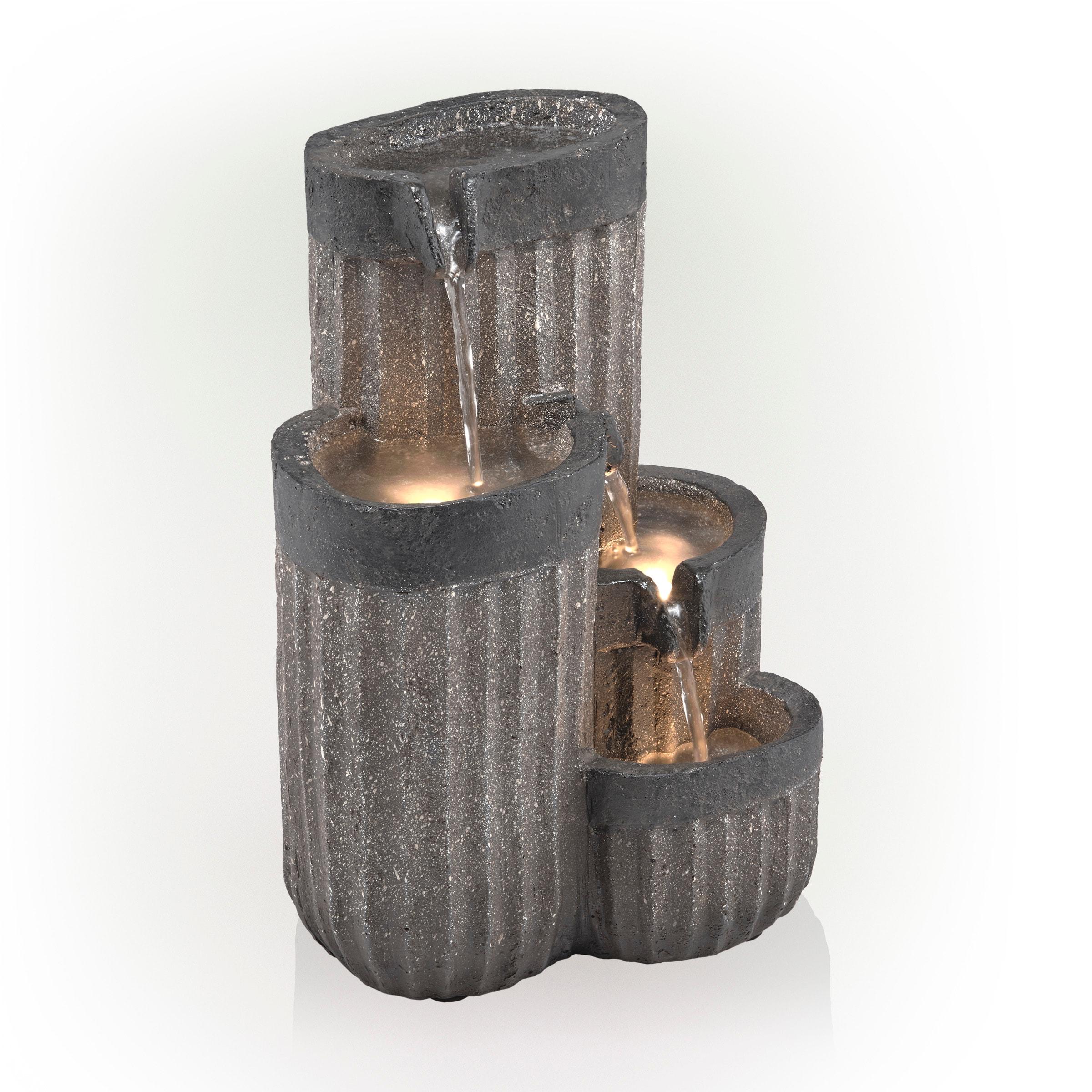 14" Resin Cascading Pillar Tabletop Fountain with LED Lights Gray - Alpine Corporation: Durable, Weatherproof Design, No Assembly Required