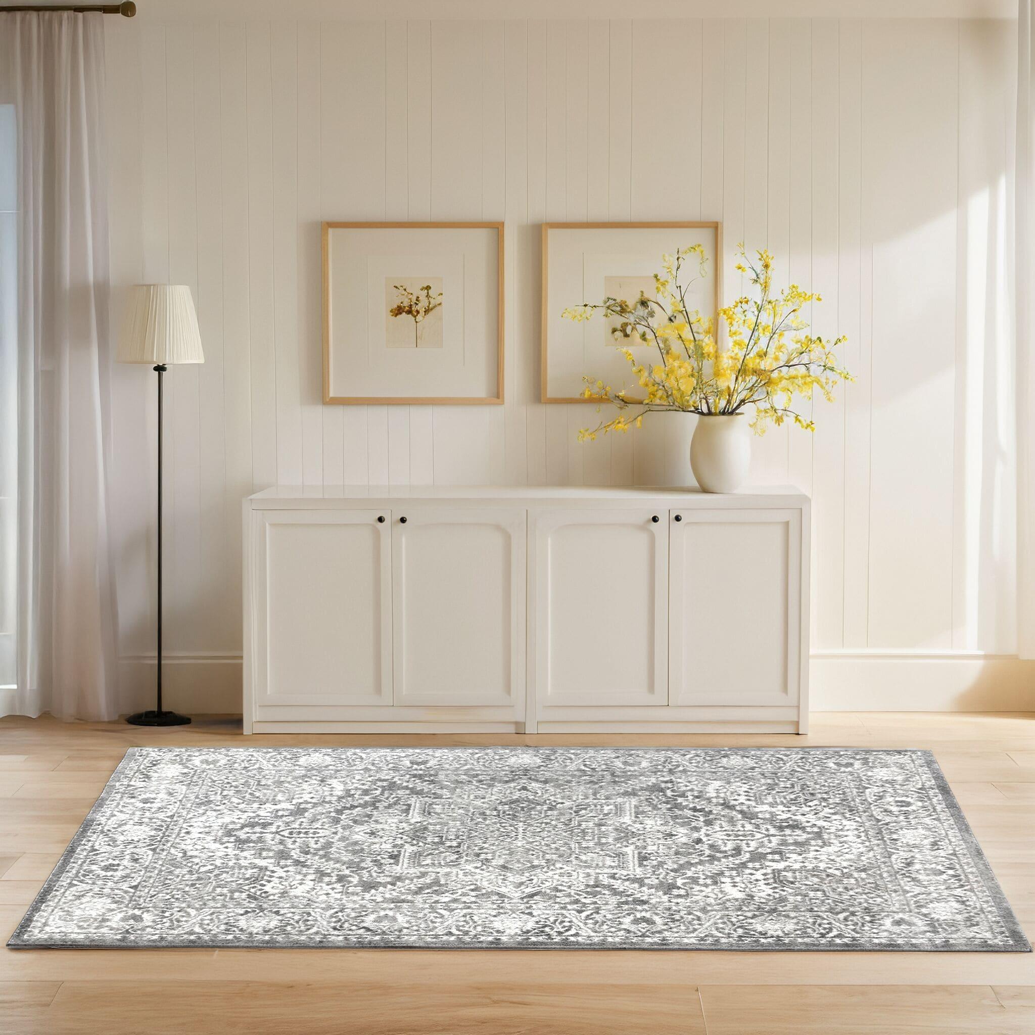 8'x10' Modern Persian Vintage Medallion Area Rug, Light Grey - JONATHAN Y