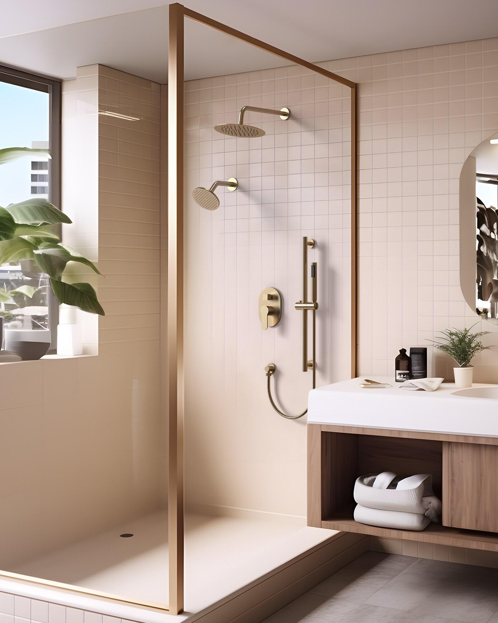 GRANDJOY Complete Shower System, 10" and 6" Dual Wall Mount Rain Shower Faucets with Handheld Shower Spray, High Pressure in Brushed Gold