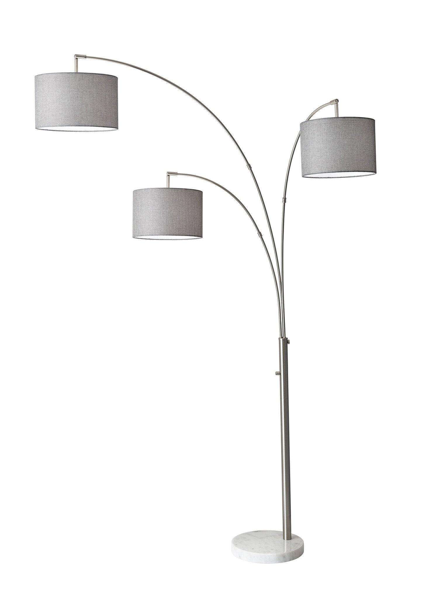 3-Arm Bowery Arc Lamp Brushed Steel - Adesso: Adjustable, Overhead Lighting with Marble Base