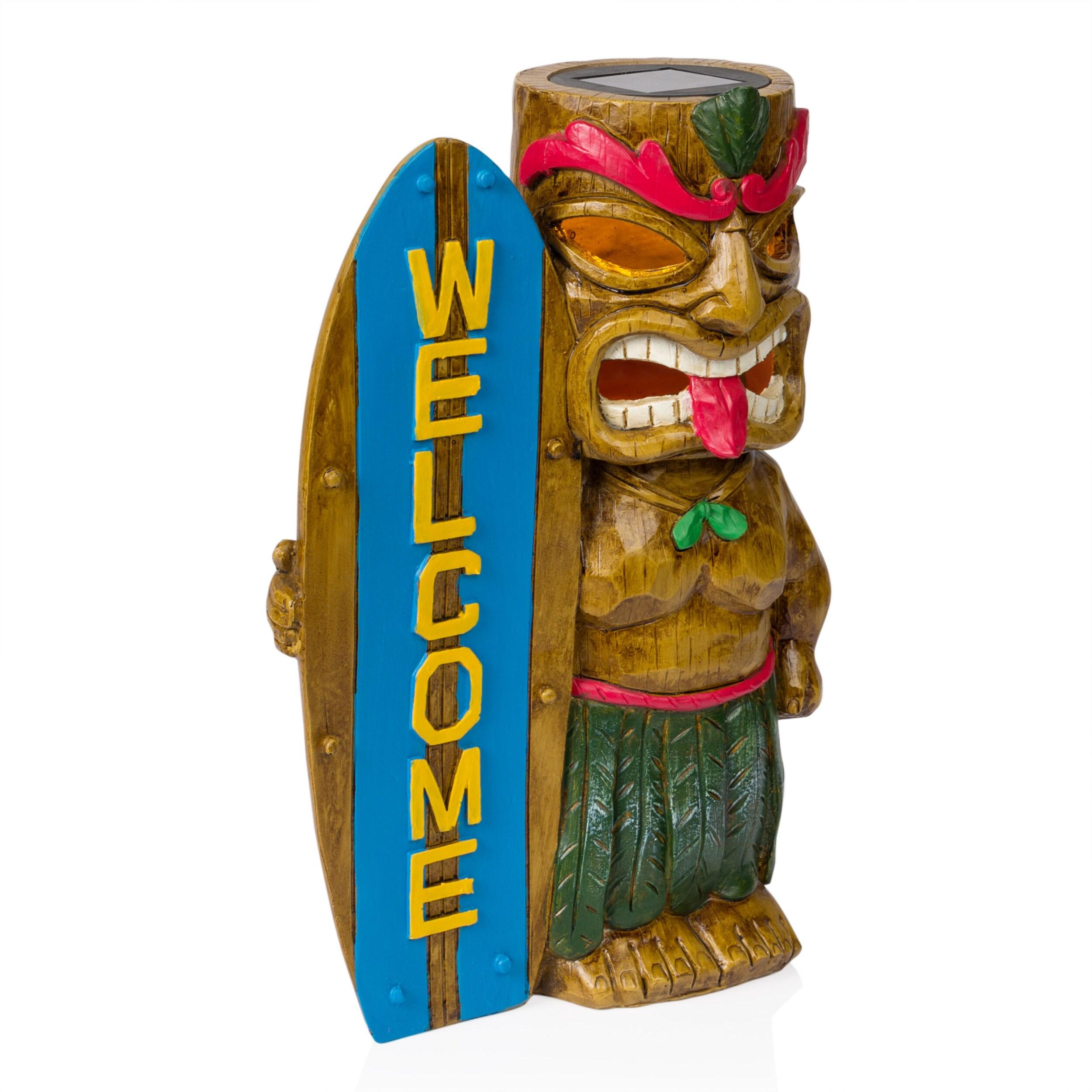 Alpine Corporation Solar Tiki with Welcome Surf Board Statuary and LED Lights