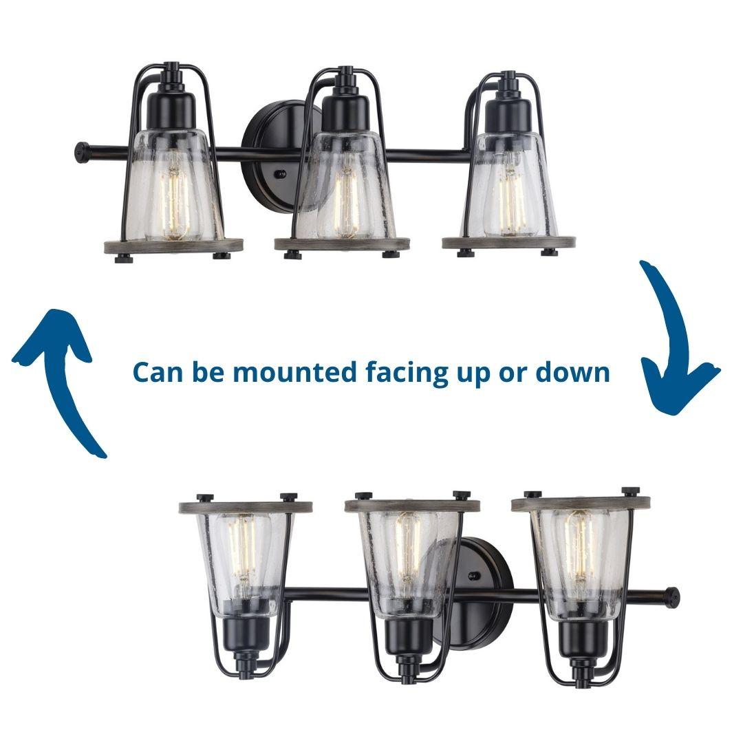 Progress Lighting Conway 3-Light Bath Vanity Light, Steel, Matte Black, Clear Seeded Glass Shade