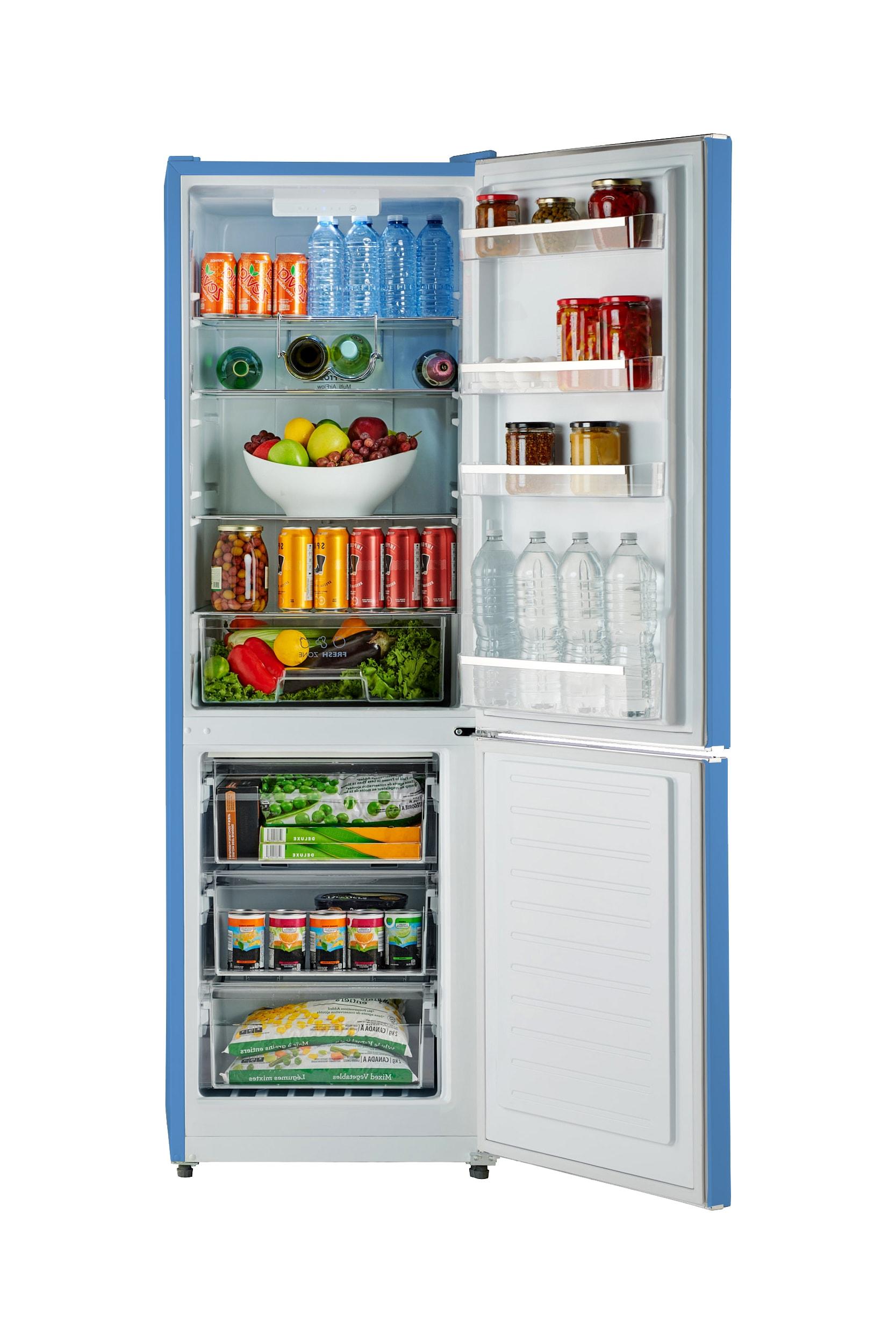 iio 24" 11 Cu Ft Bottom Freezer Retro Refrigerator Fridge for Bedroom, Multiflow 360°, Small Mini Ice Cube Tray, 1 Fruit container, LED Dorm Office Beverage Quiet Compressor, Light Blue (Right Hinge)