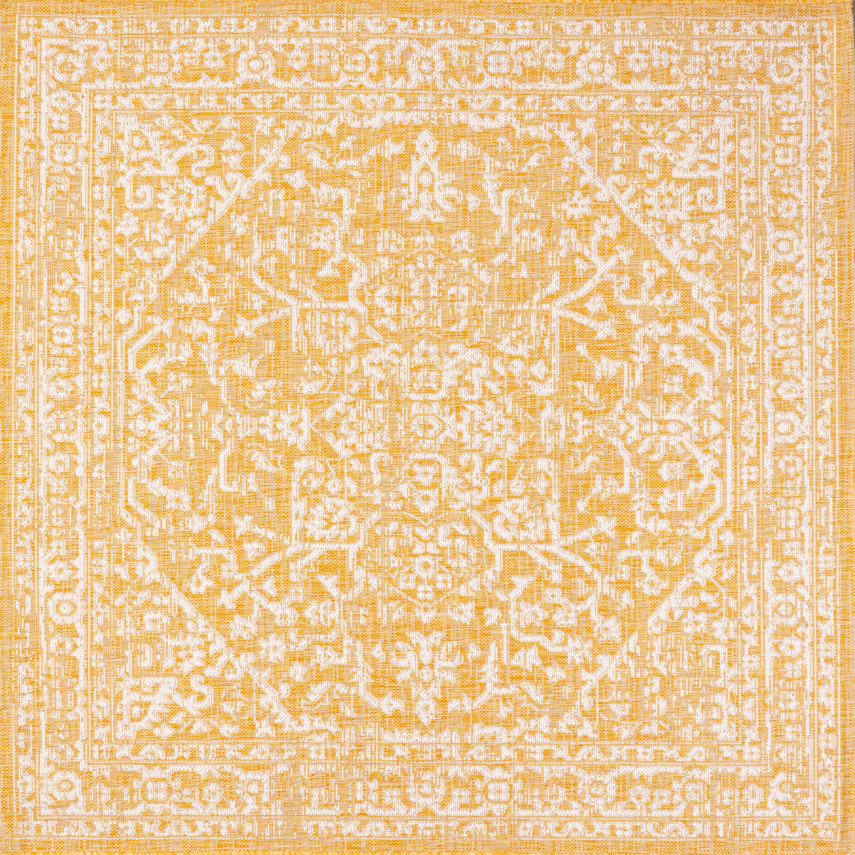 5' x 5' Malta Bohemian Inspired Medallion Textured Weave Indoor/Outdoor Area Rug, Yellow/Cream - JONATHAN Y