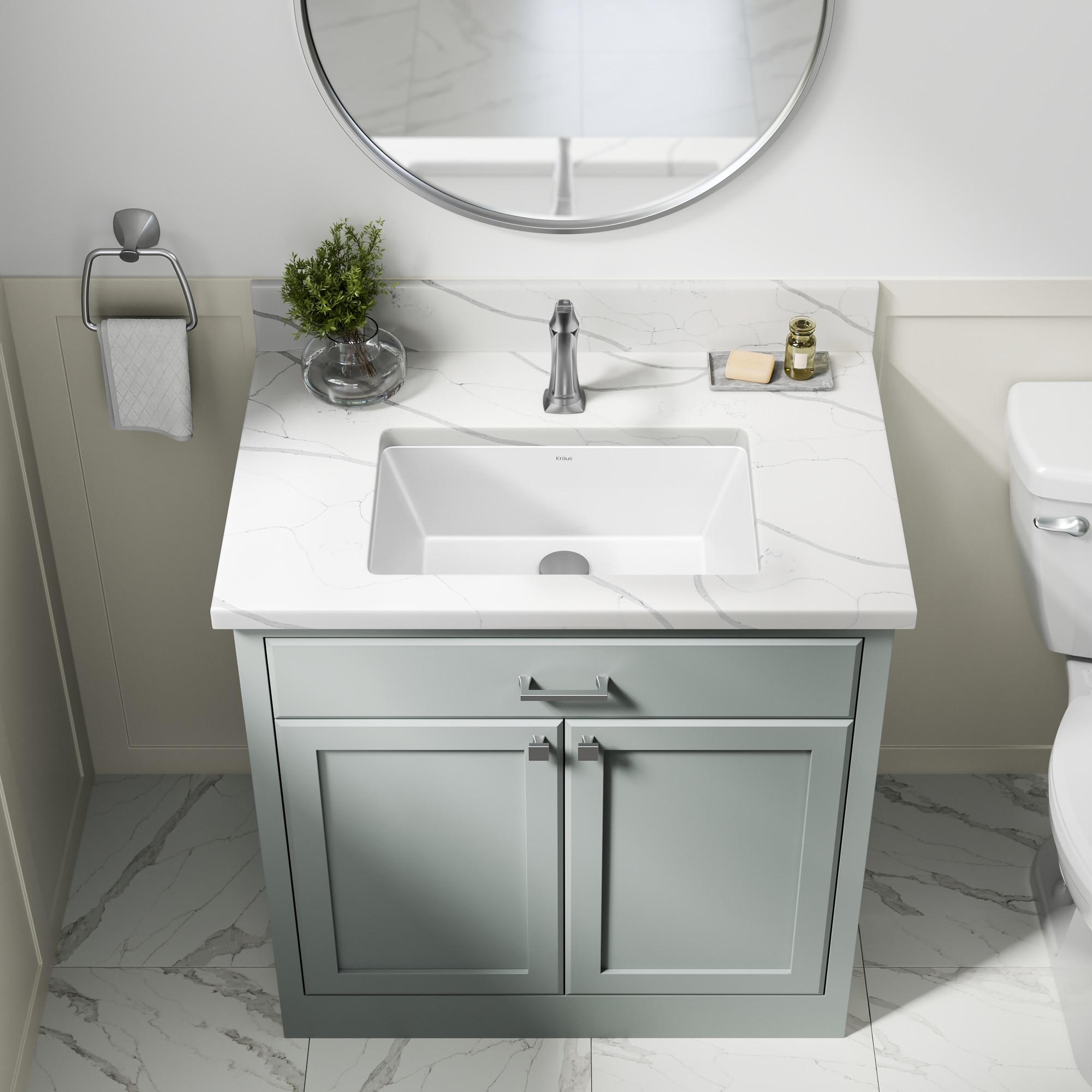 KRAUS Elavo. Rectangular Porcelain Ceramic Undermount Bathroom Sink In White With Overflow Drain, KCU-242