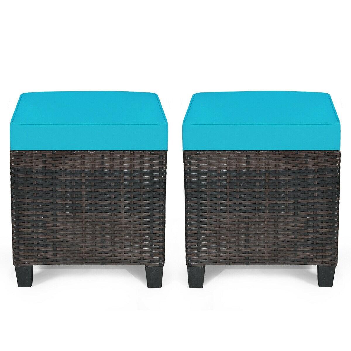 Costway 2PCS Patio Rattan Ottoman Cushioned Seat w/ Foot Rest Turquoise