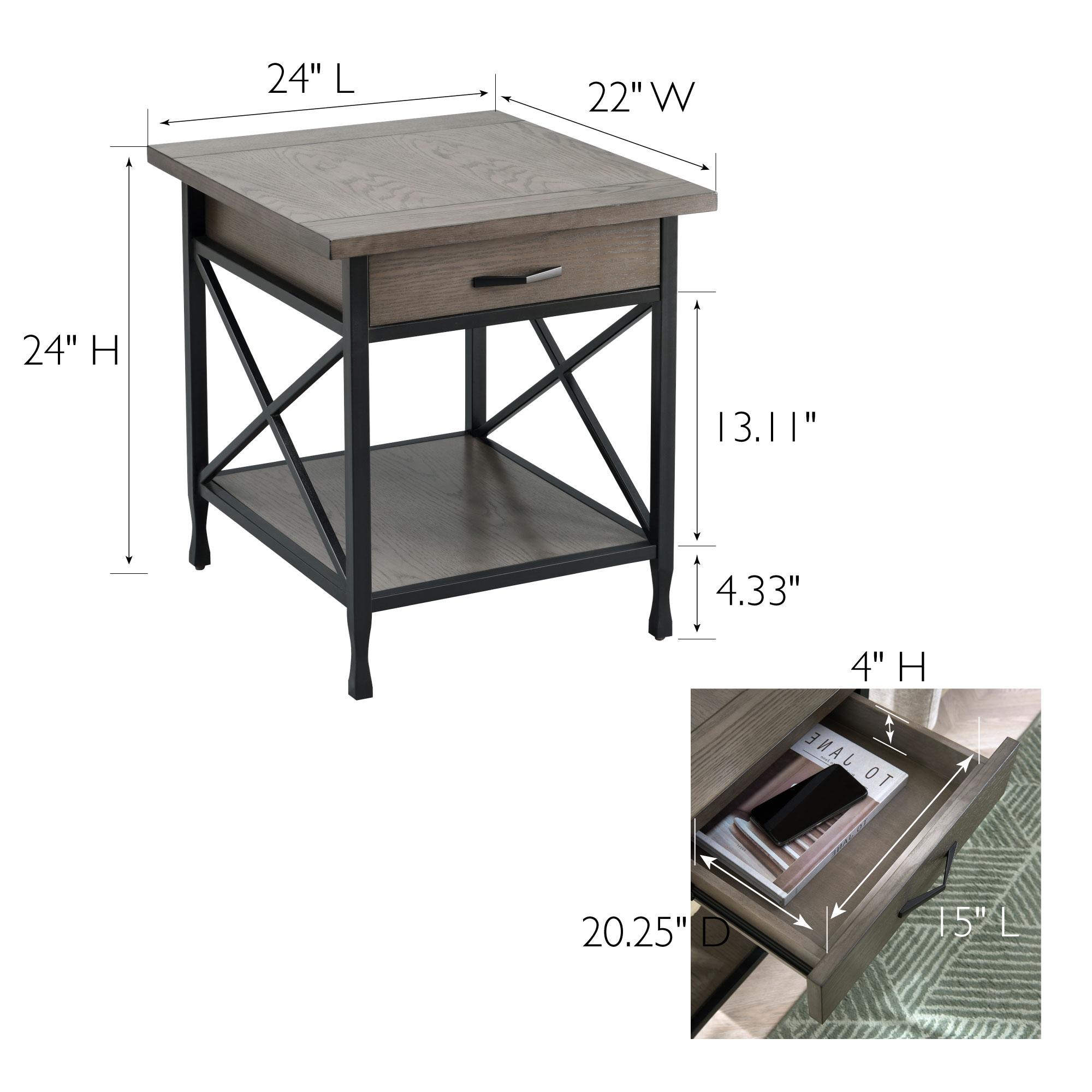 23007 Chisel & Forge One Drawer X Design Mixed Metal And Wood Side Table With Shelf, Gray And Matte Black, 22 In X 24 In X 24 In