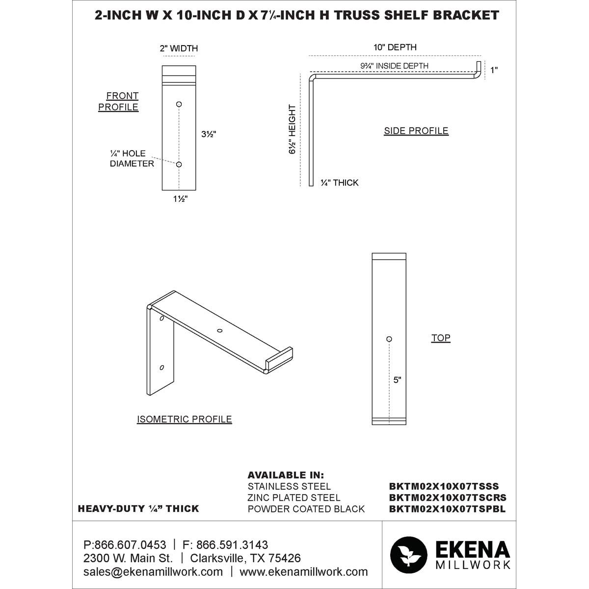 Ekena Millwork 2"W x 10"D x 7 1/4"H Steel Truss Shelf Bracket, Unfinished