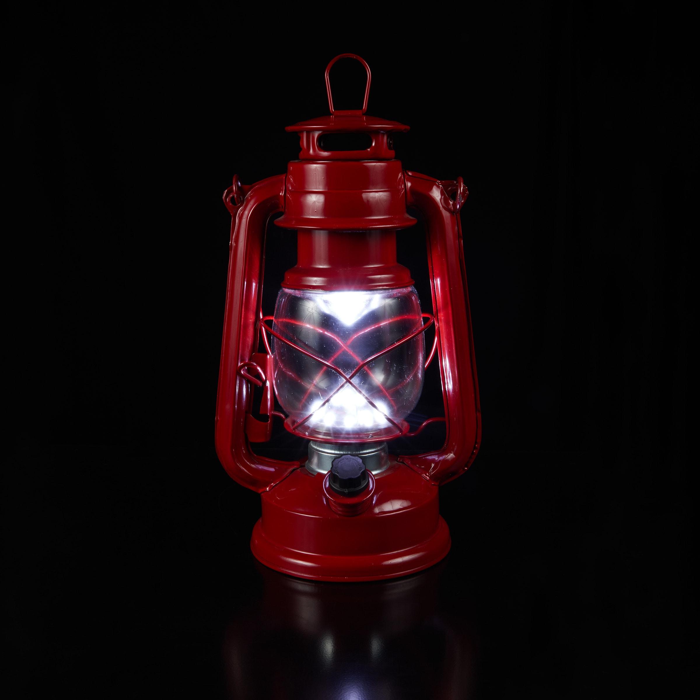 Red Hurricane Lantern with Cool White LED Lights