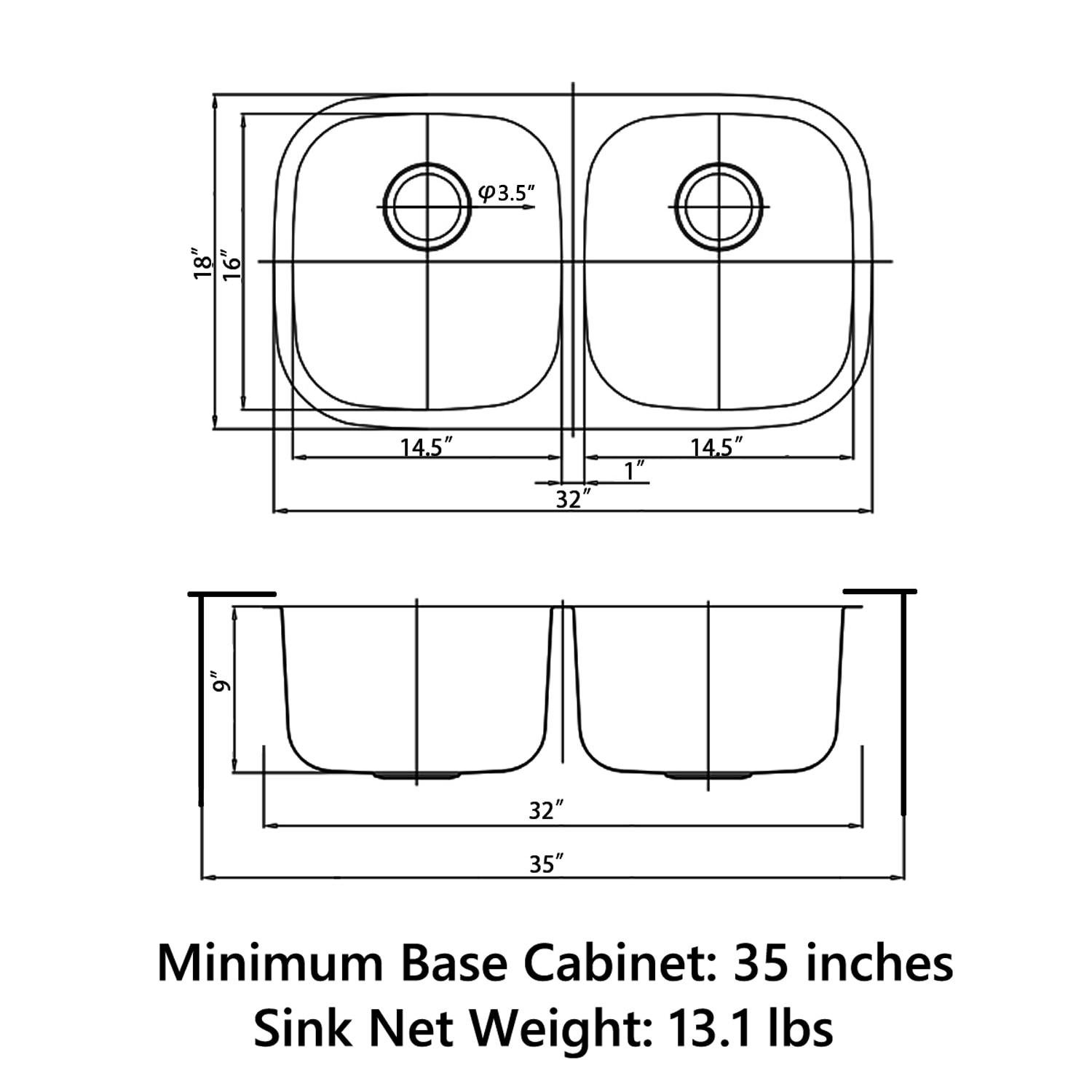 Sinber 32" Undermount Double Bowl 304 Stainless Steel Kitchen Sink