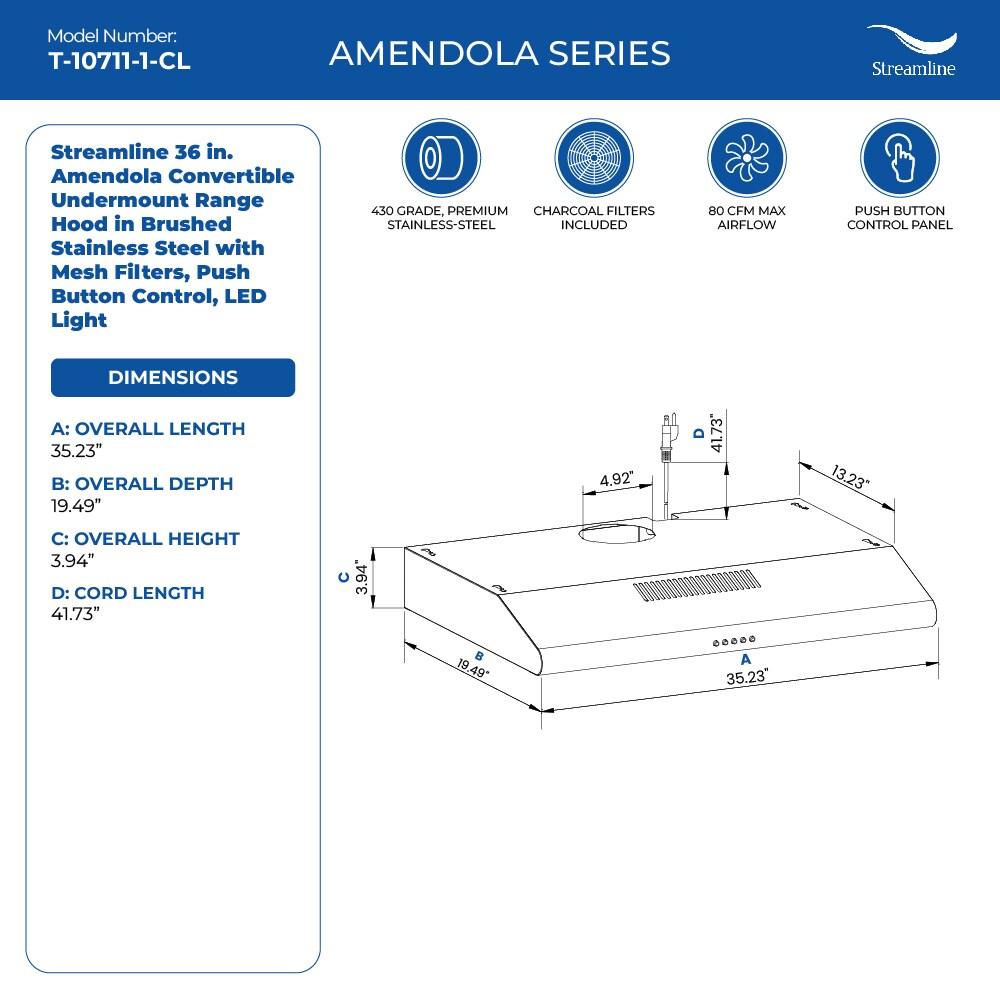 Streamline Amendola 36" 80 Cubic Feet Per Minute Convertible Under Cabinet Range Hood with Mesh Filter and Light Included