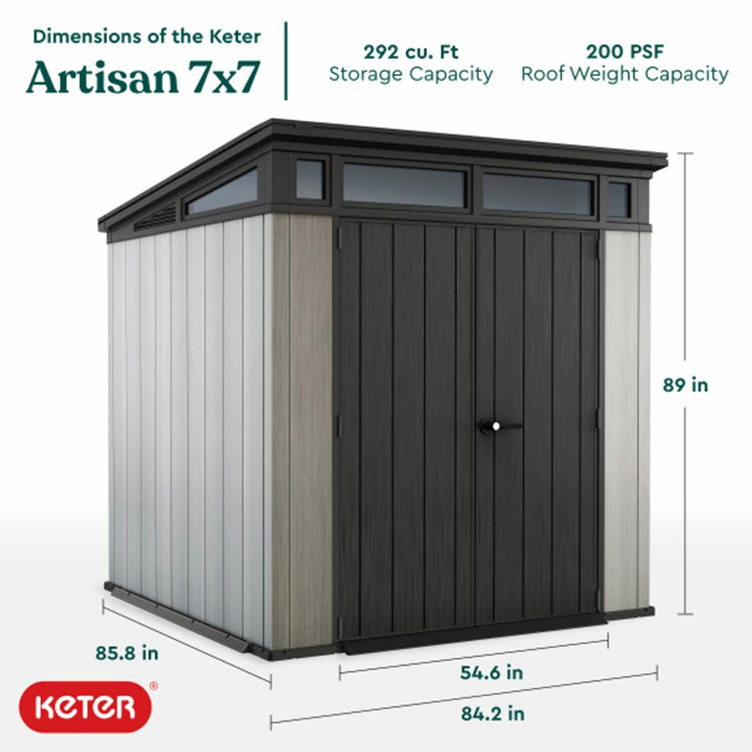 Keter Artisan 7x7 ft. Modern Durable Resin Outdoor Storage Shed With Floor and Double Doors for Garden Patio Furniture and Tools, Grey