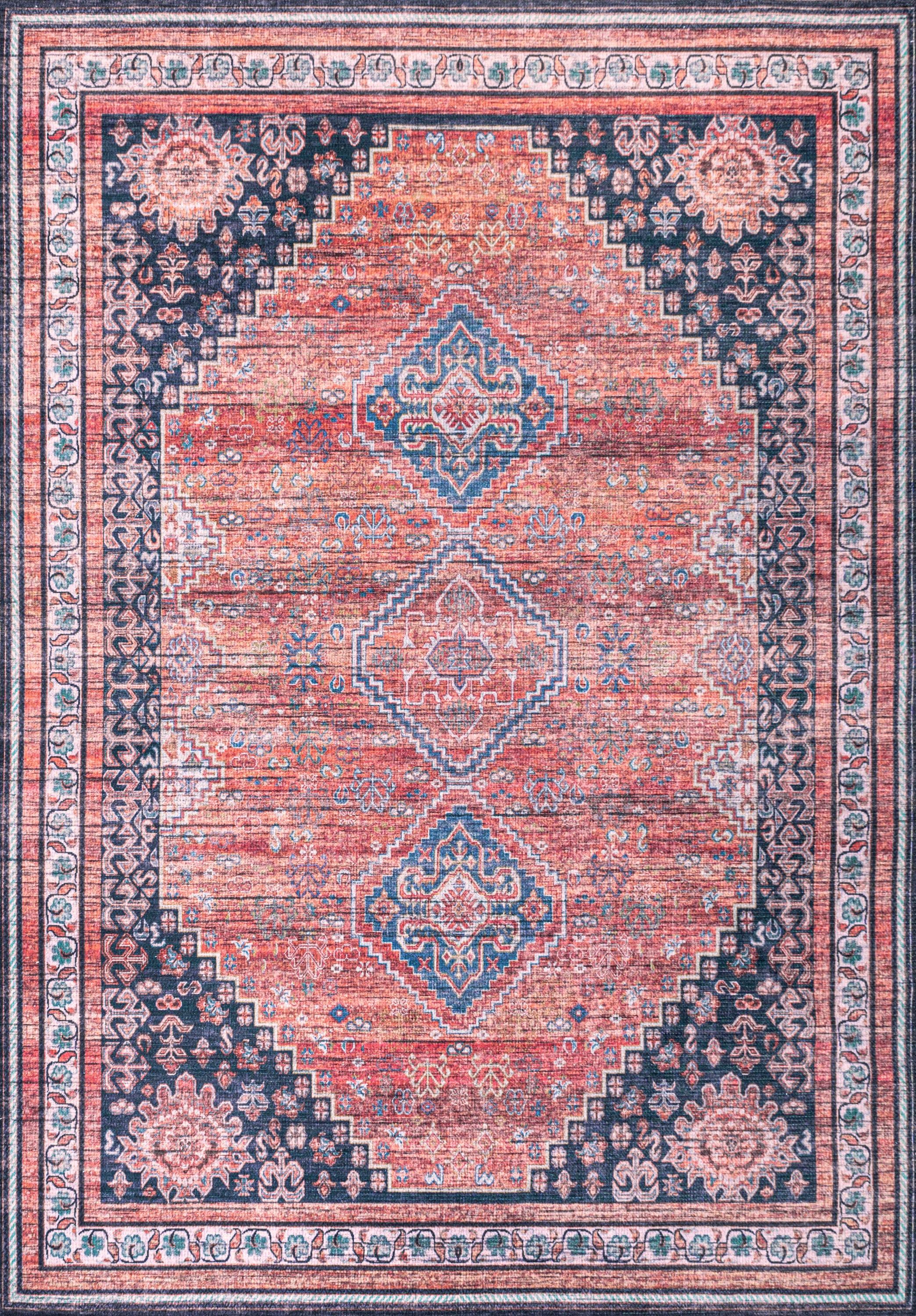 4' x 6' Dalyan Geometric Medallions Machine Washable Indoor/Outdoor Area Rug, Terra/Navy - JONATHAN Y
