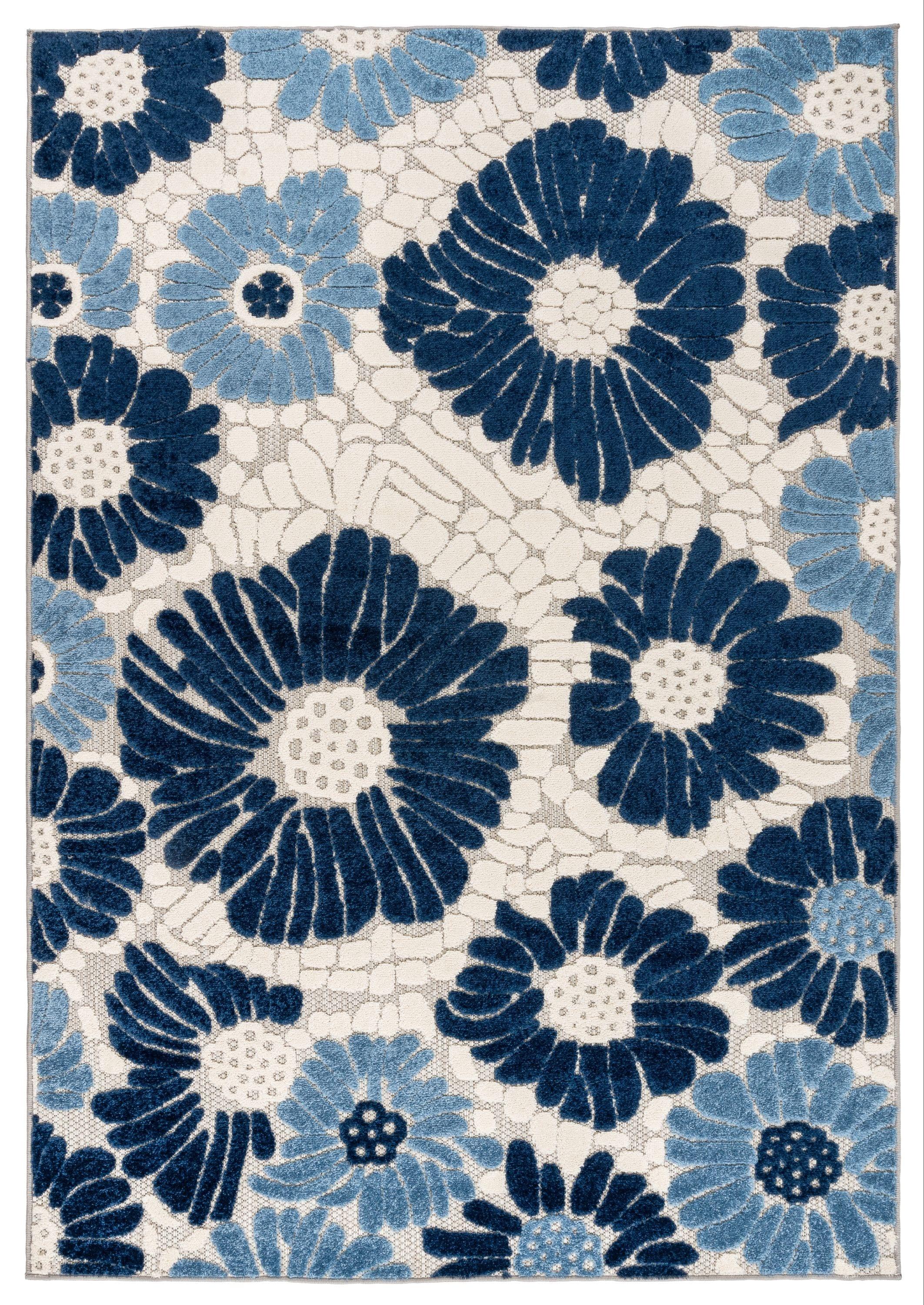 World Rug Gallery Palermo Modern Floral Indoor/Outdoor Area Rug - Navy 5' x 7':  Weather-Resistant,  Low Pile,  Botanical Pattern