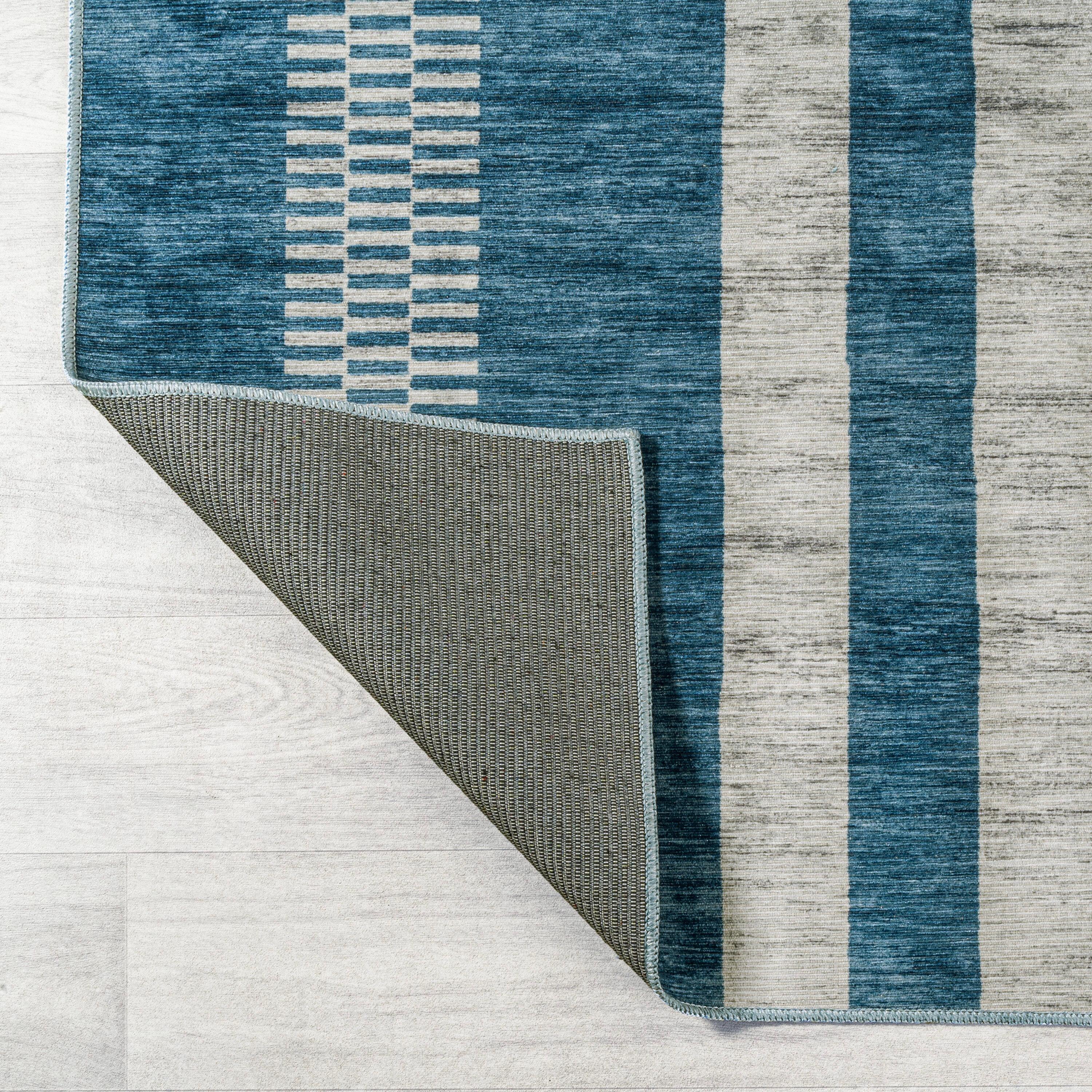 JONATHAN Y Vichy Geometric Striped Machine-Washable Blue/Cream 3 ft. x 5 ft. Area Rug