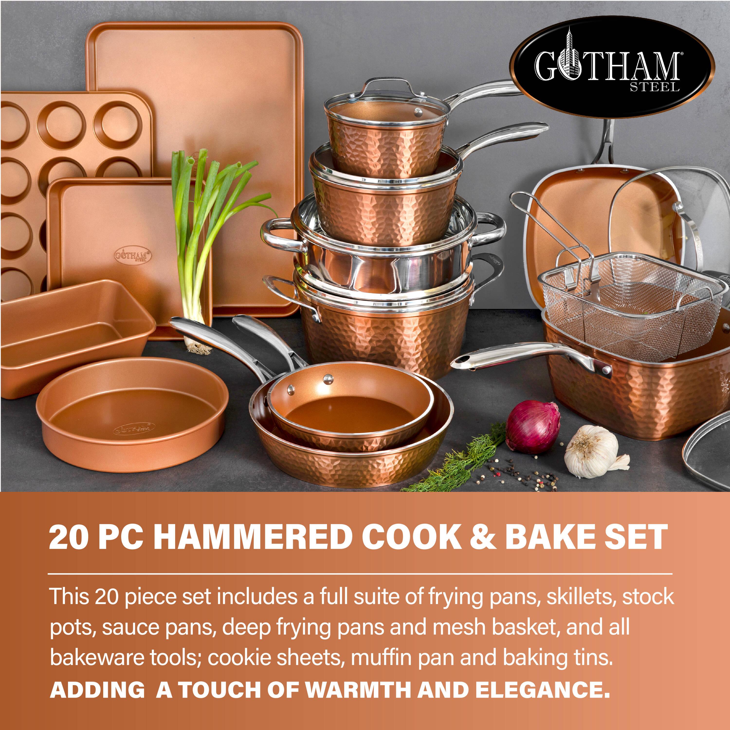 Gotham Steel Nonstick Pots and Pans 20 Pcs Kitchen Ceramic Cookware Set Bakeware Cooking Frying Skillet Sauce Pan Hammered